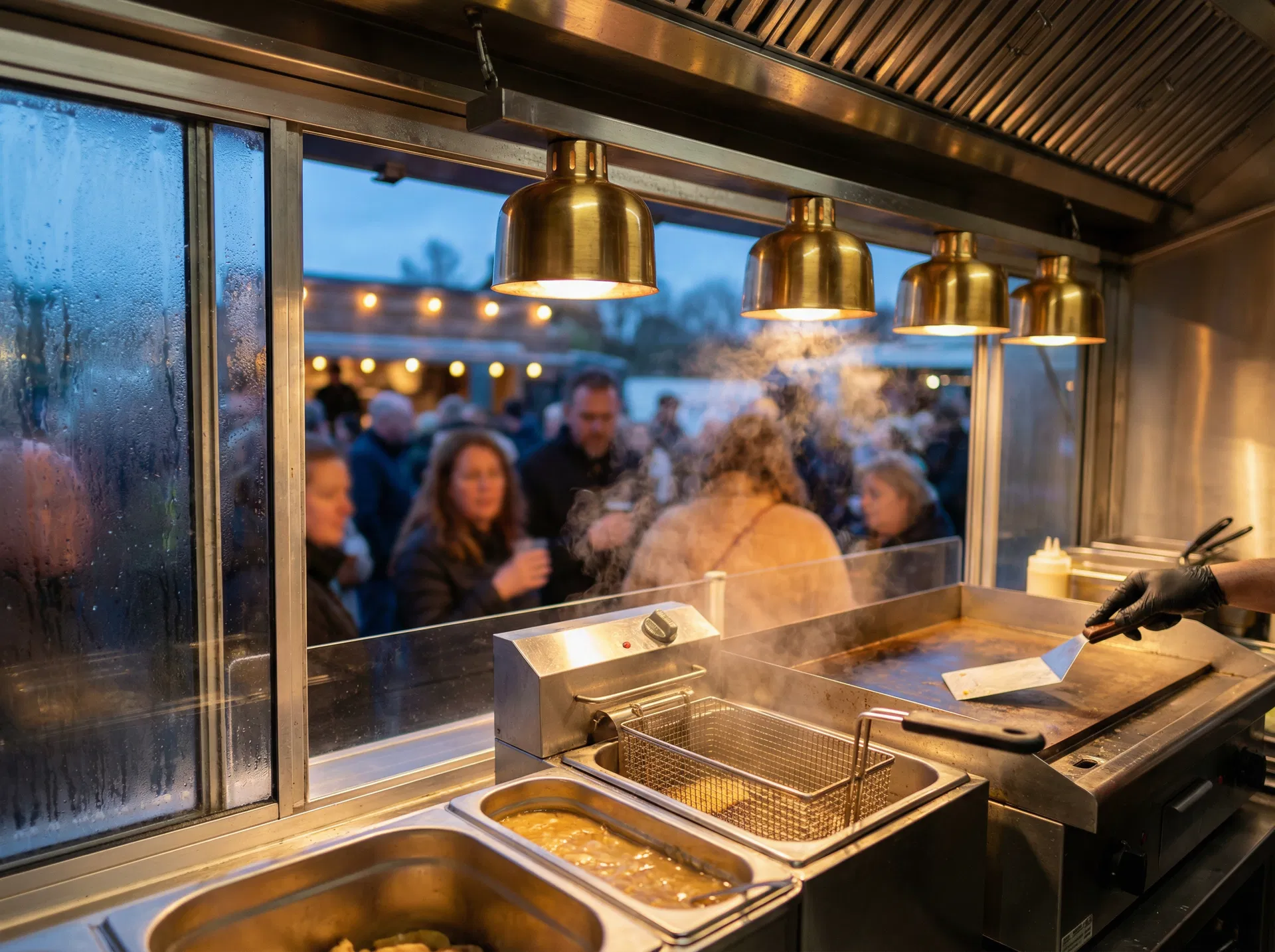 Inside a professional catering van kitchen