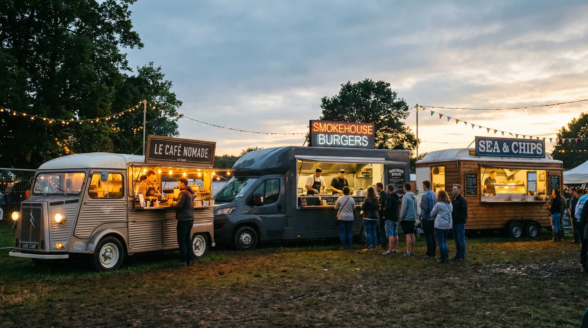 Different types of catering vehicles at a food festival