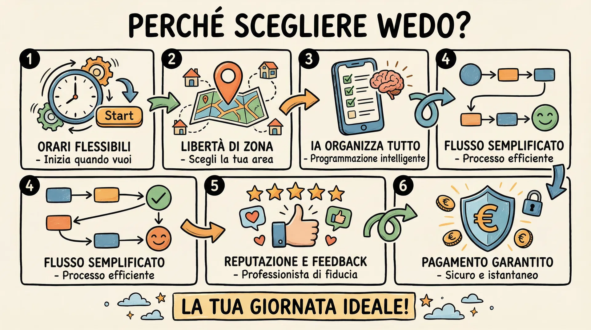 Perché scegliere WEDO — Vignetta illustrata in italiano