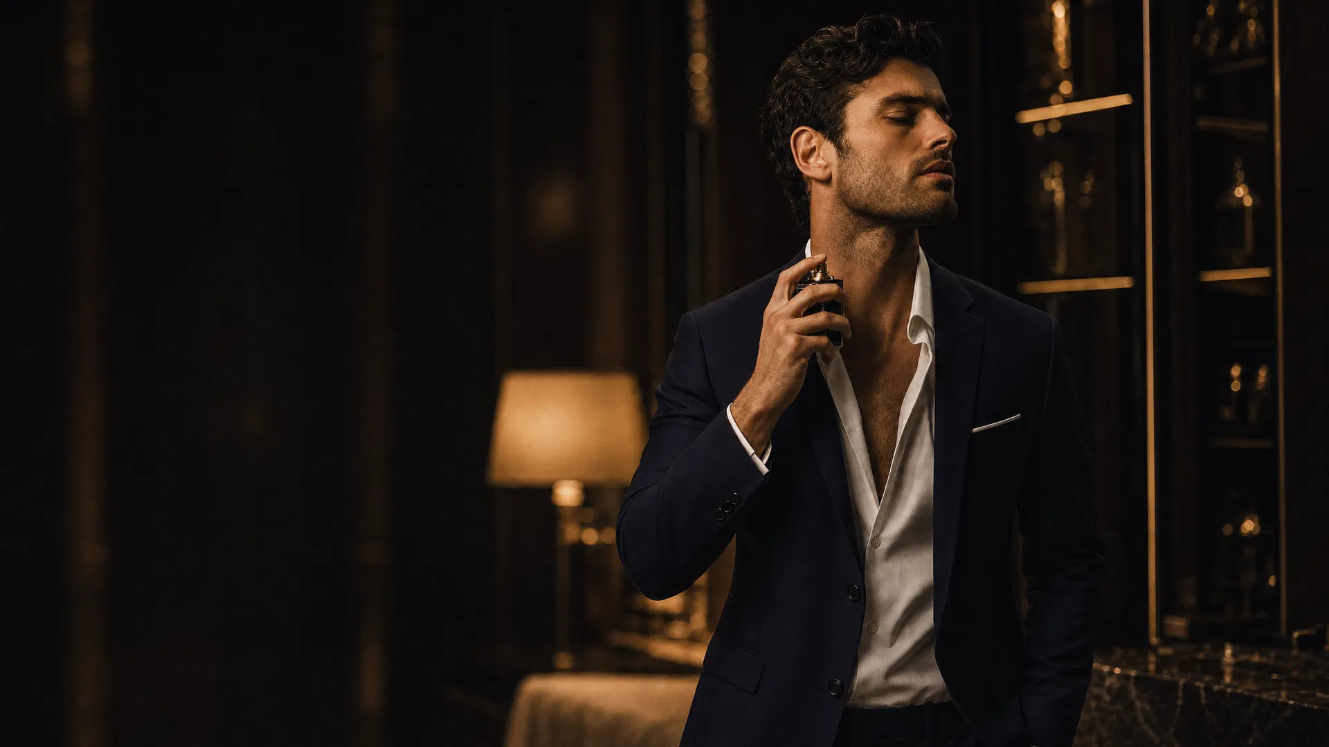 Sophisticated man applying cologne