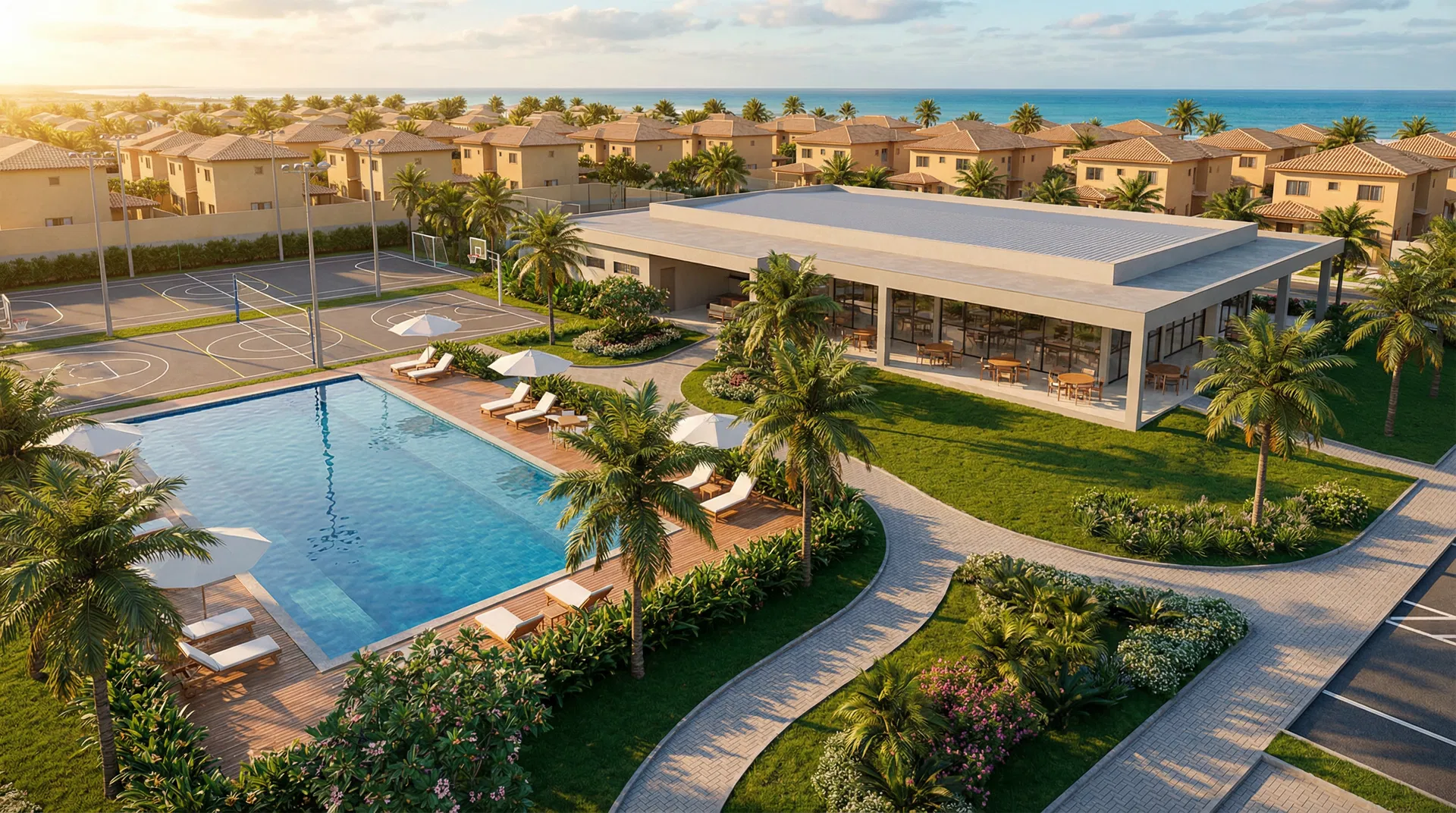 Projeto original - área de lazer com piscina, quadra polivalente e salão de festas