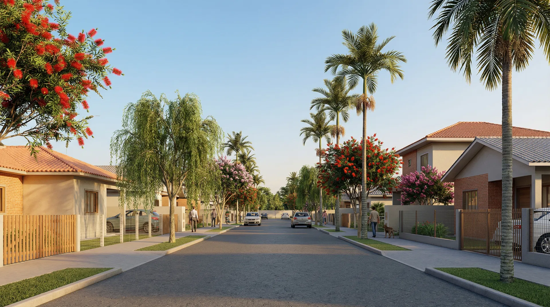 Projeto original - ruas com casas classe média, Jerivá, aroeira-salsa, escova-de-garrafa e extremosa