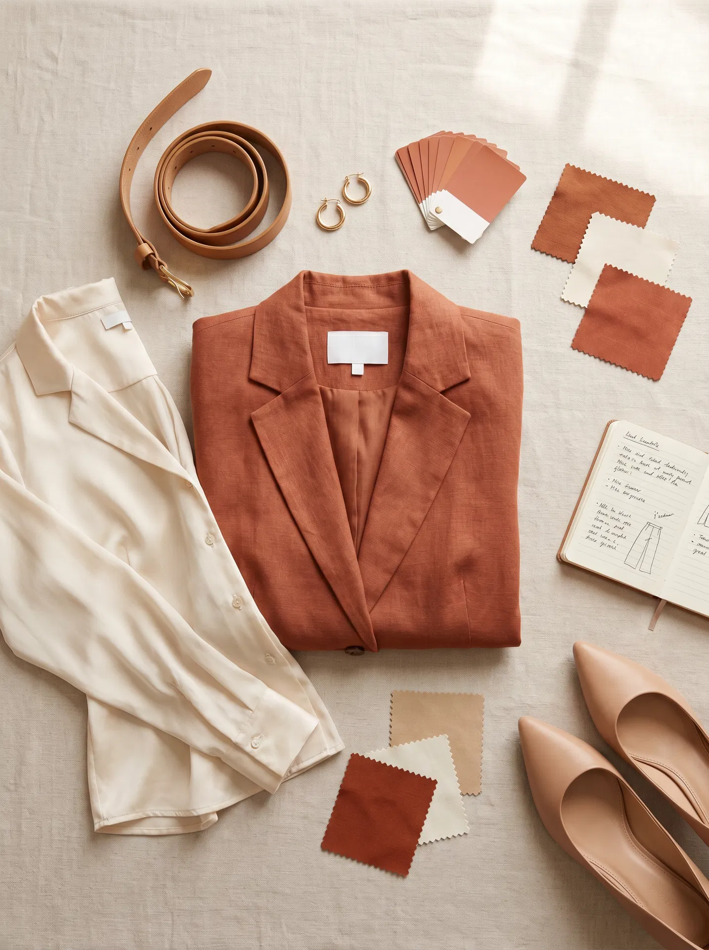 Moodboard terracota com blazer, blusa creme e paleta de cores quentes