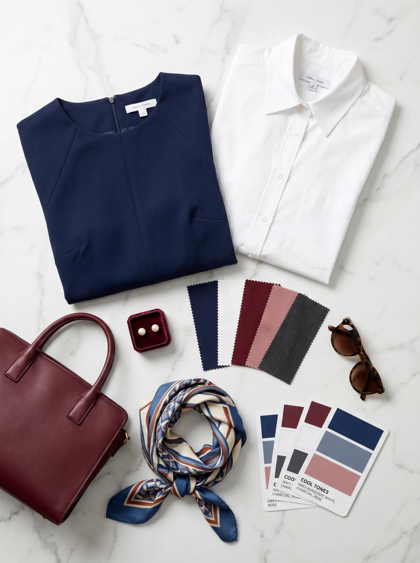 Moodboard navy com vestido azul, camisa branca e paleta de tons frios