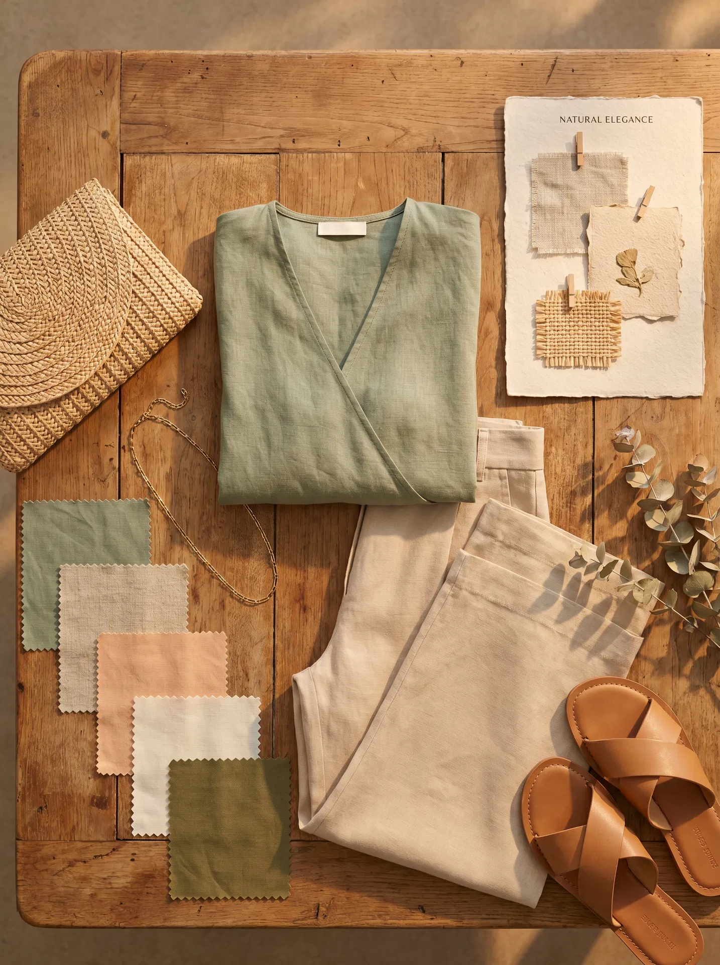 Moodboard sage green com blusa de linho, calça bege e paleta natural
