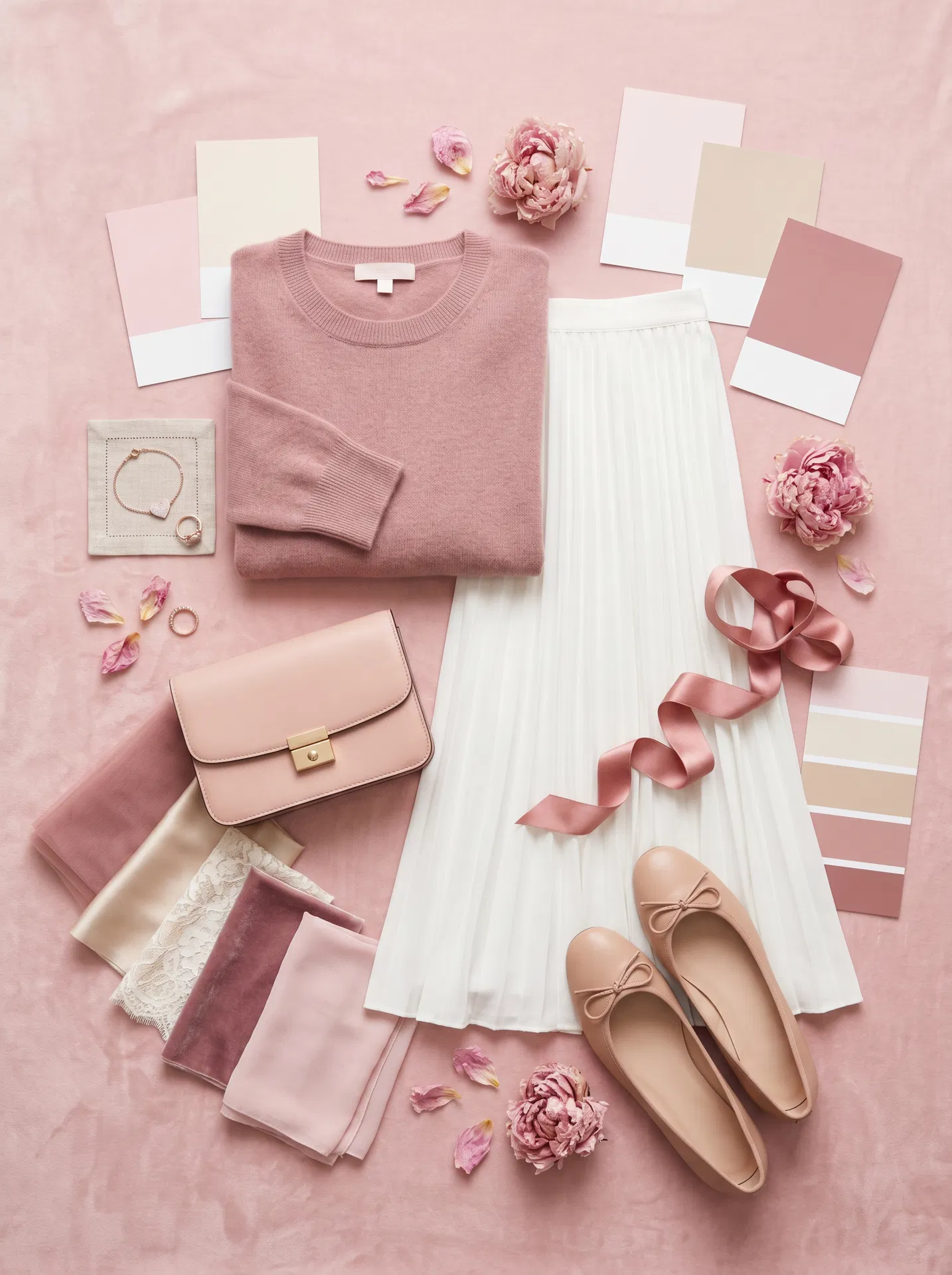 Moodboard blush com suéter rosa, saia branca plissada e paleta romântica