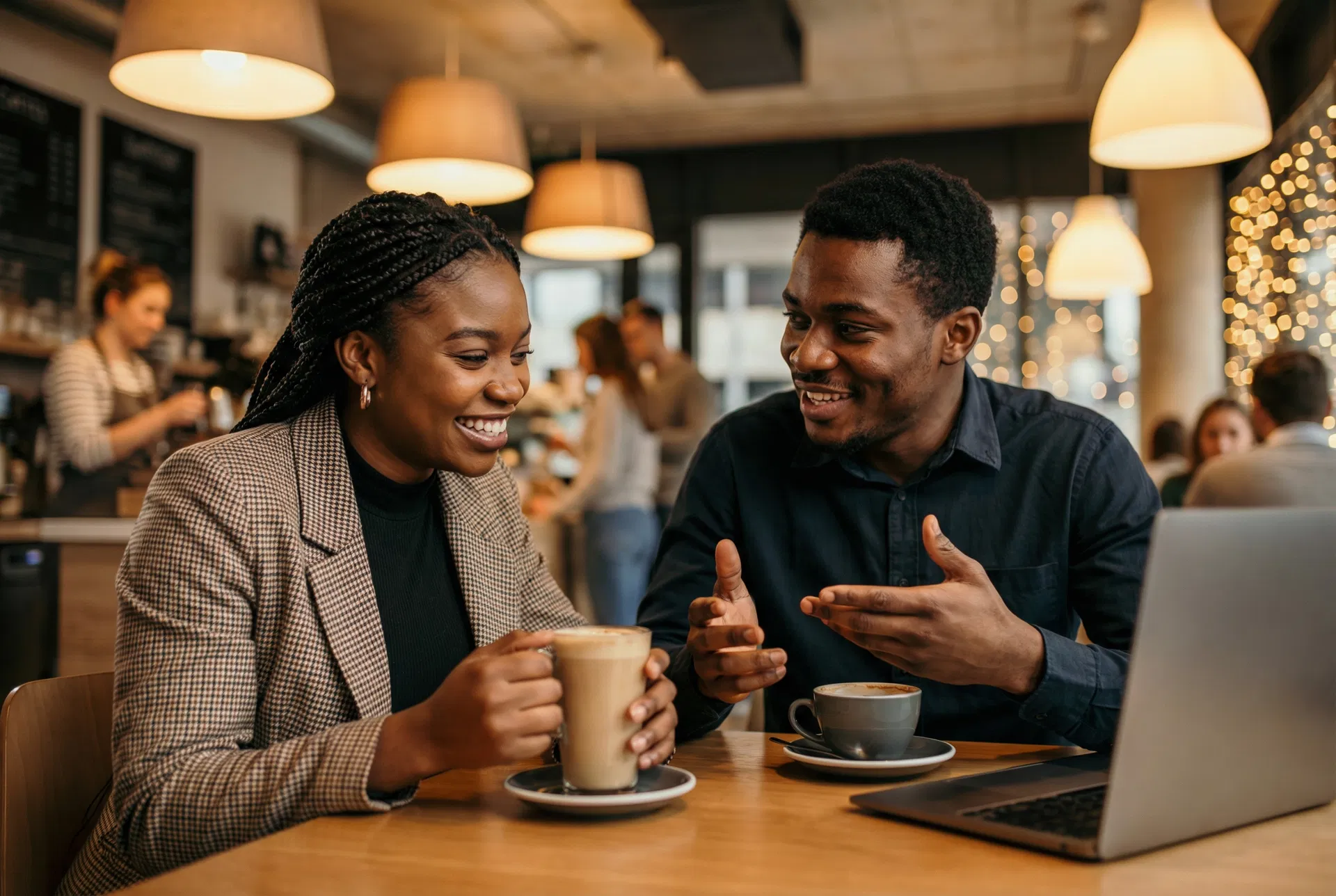 Two people connecting over coffee at Café One