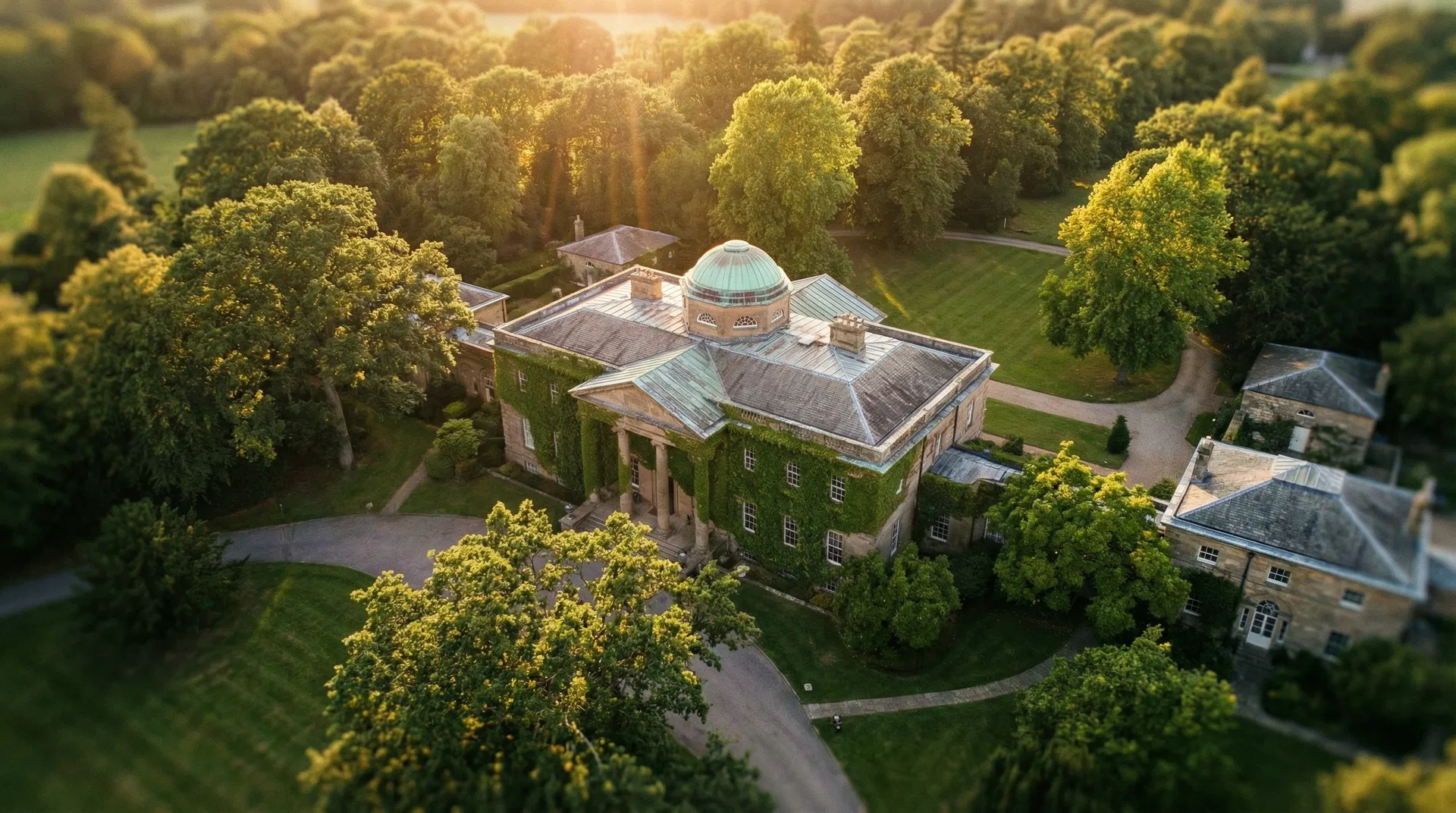 Ivy-covered stone estate at golden hour