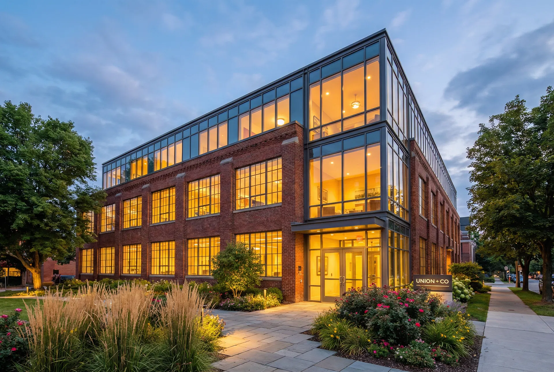 Renovated mixed-use building at twilight