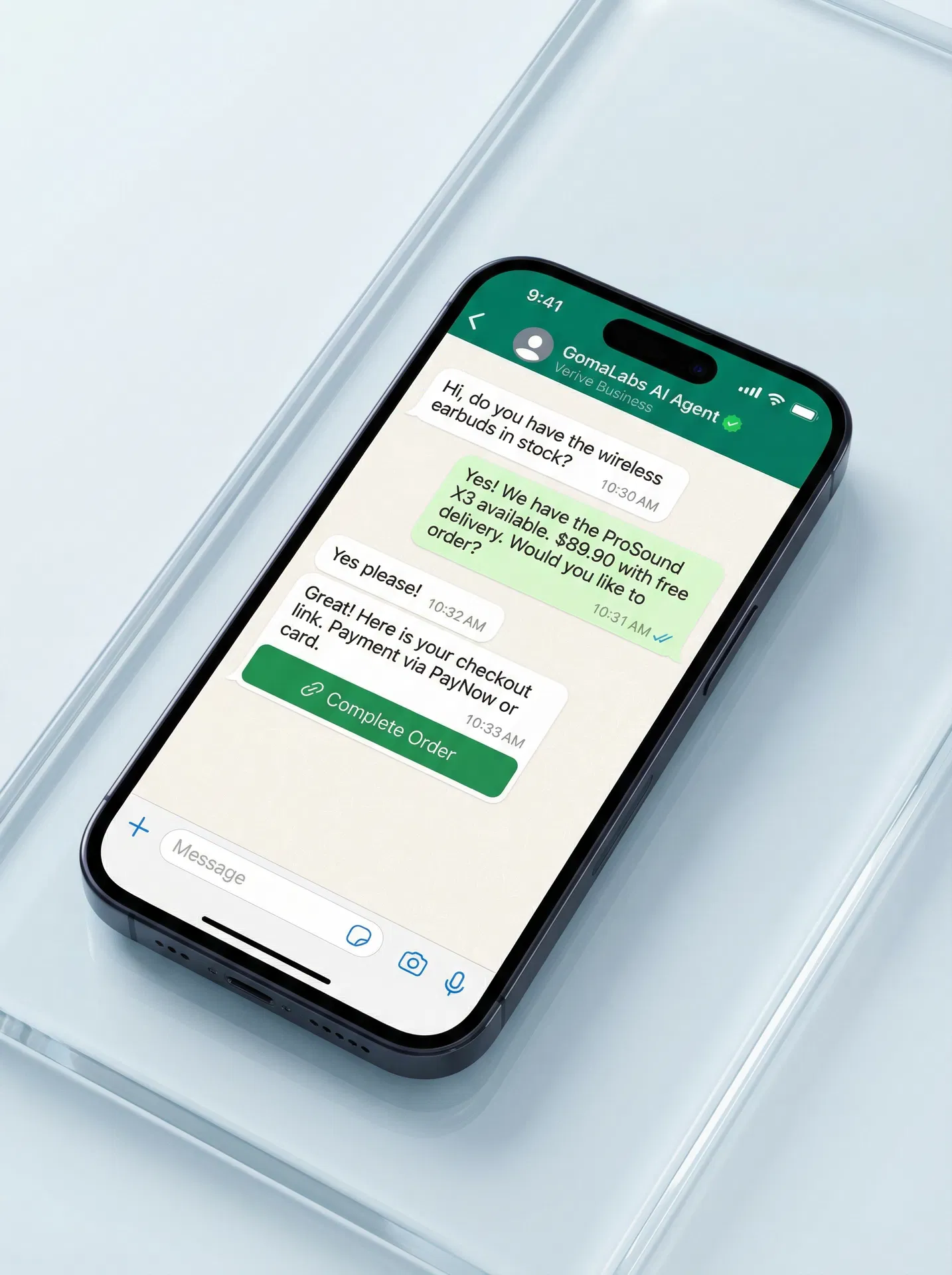 GomaLabs AI Agent handling a WhatsApp sales conversation