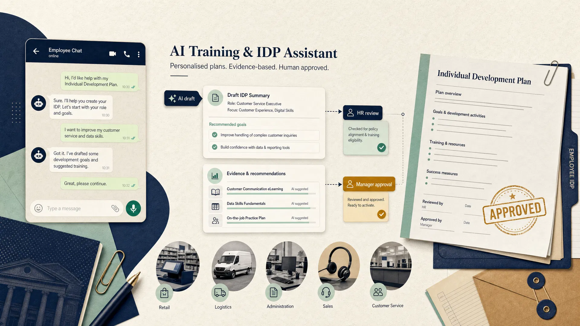 AI Training and IDP Assistant workflow illustration