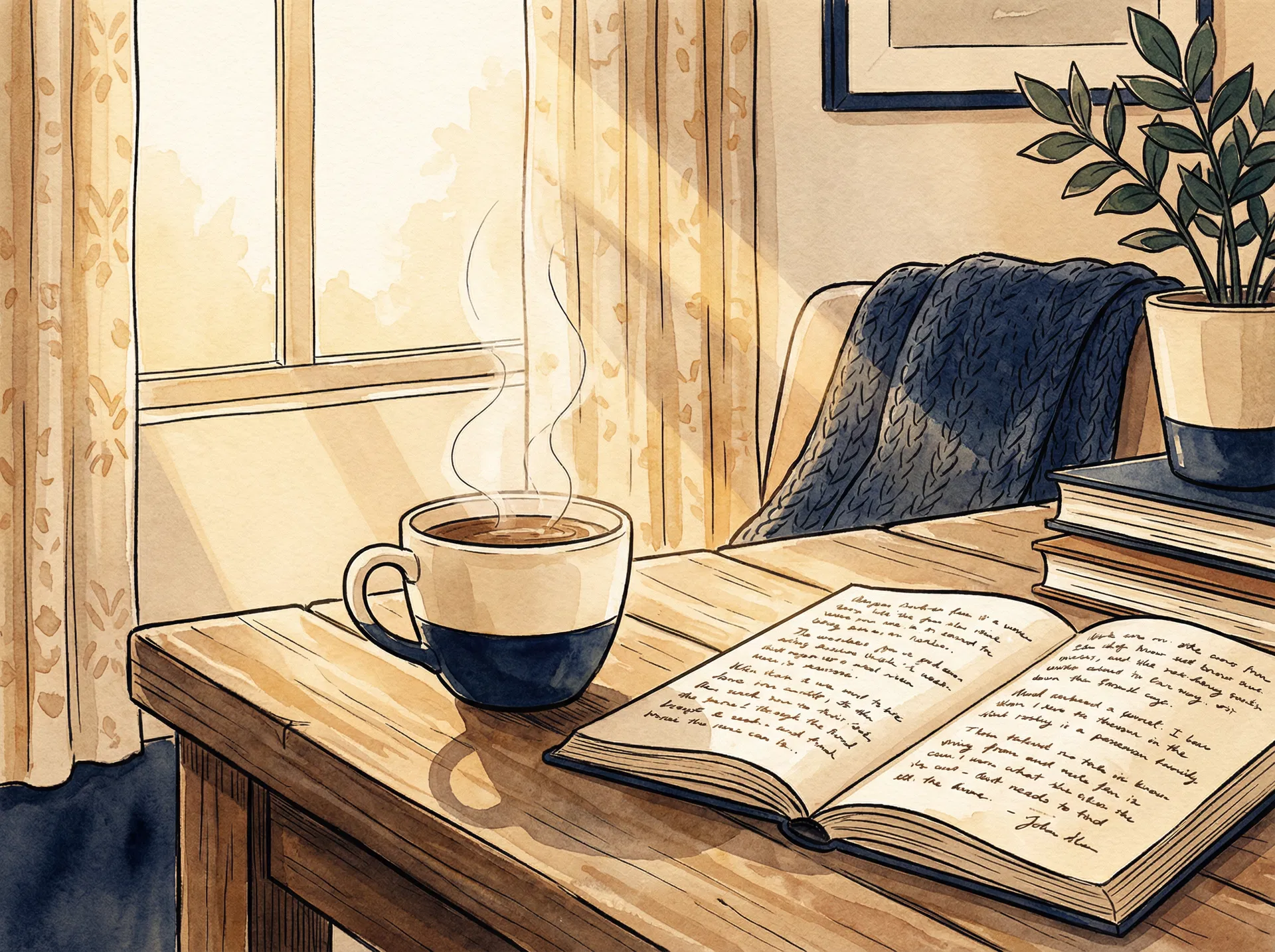 A cozy morning scene with coffee and journal