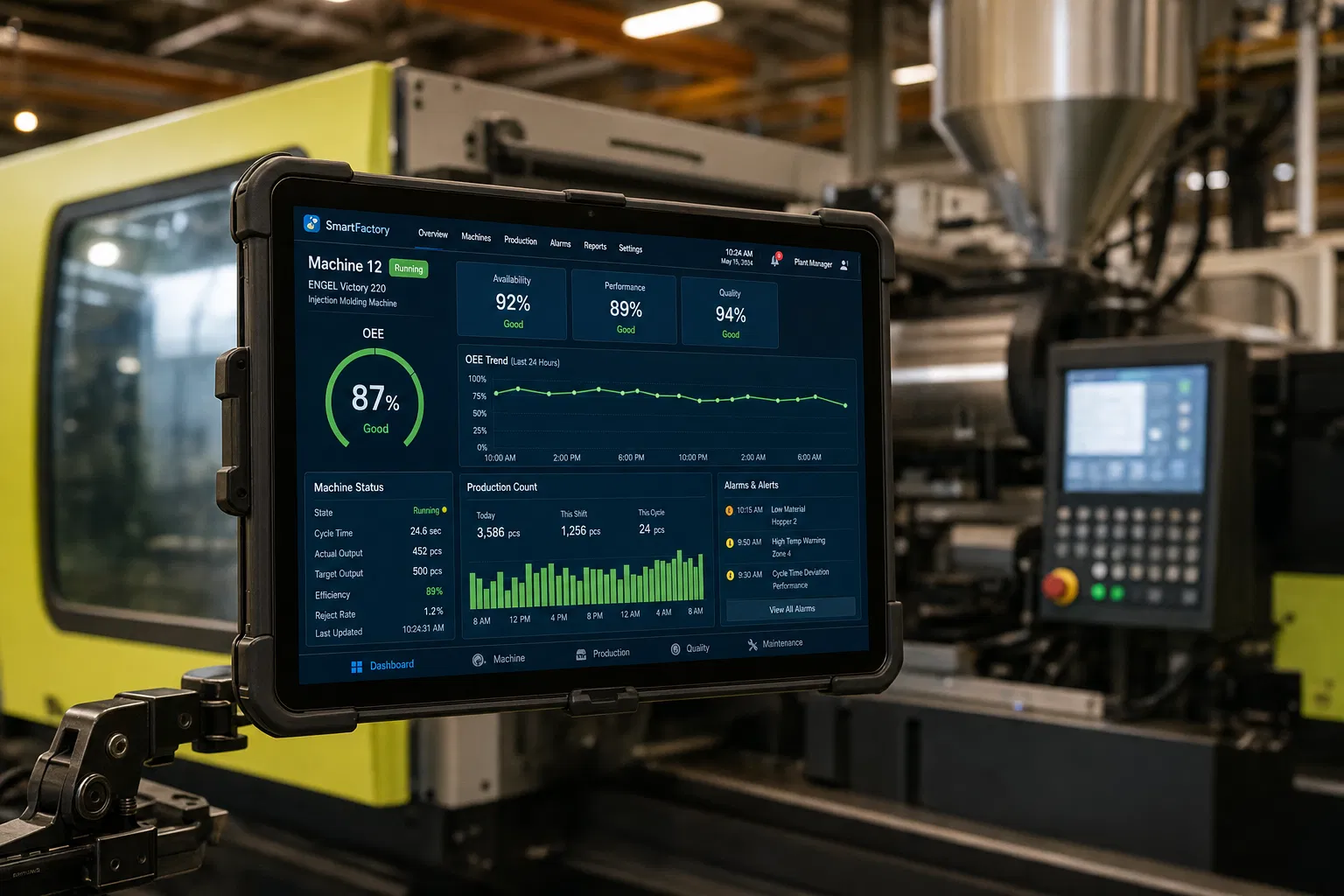 Software MeasureTech - Tablet industrial com dashboard de produção montado em injetora plástica