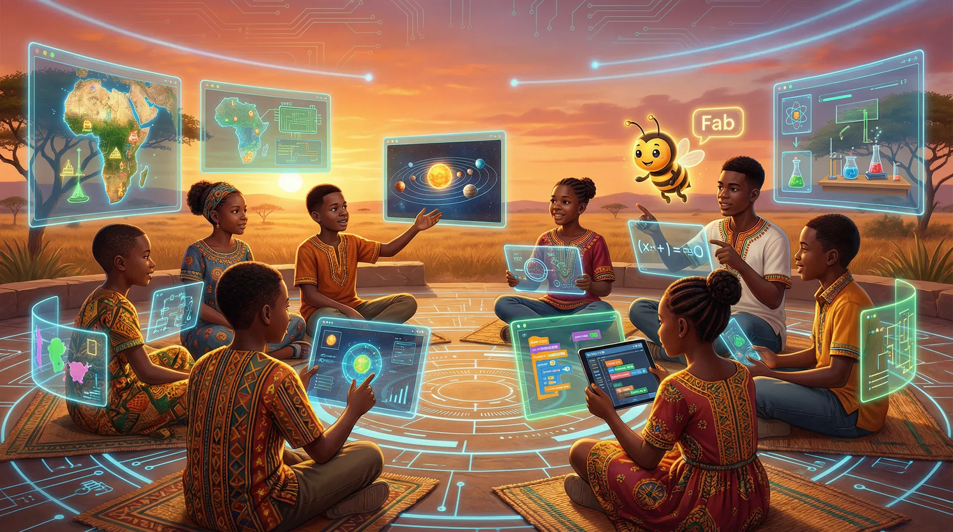 African students learning with Fab the AI bee