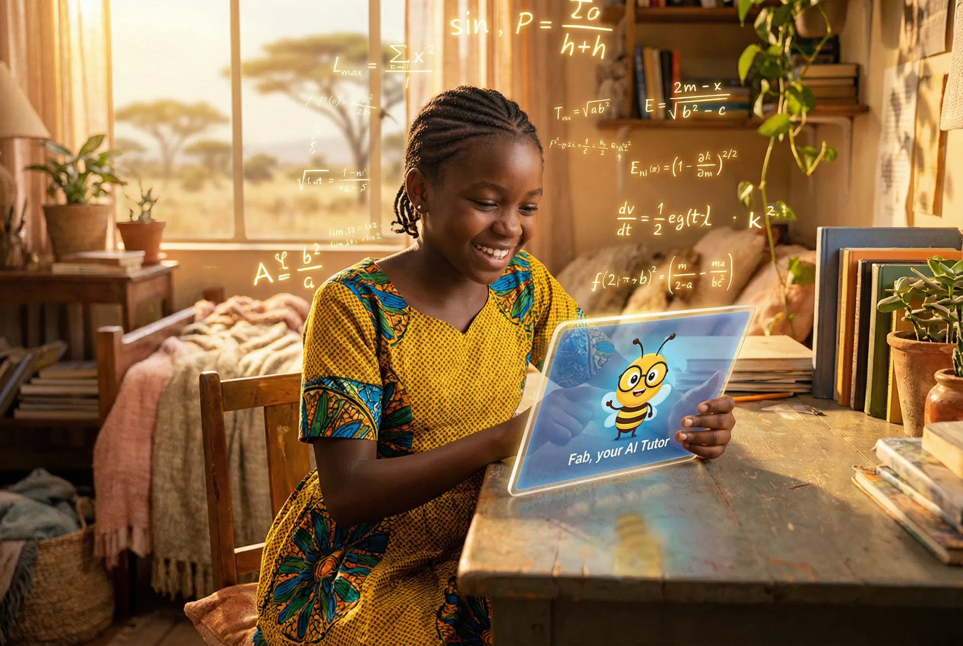 African girl learning with Fab AI bee tutor