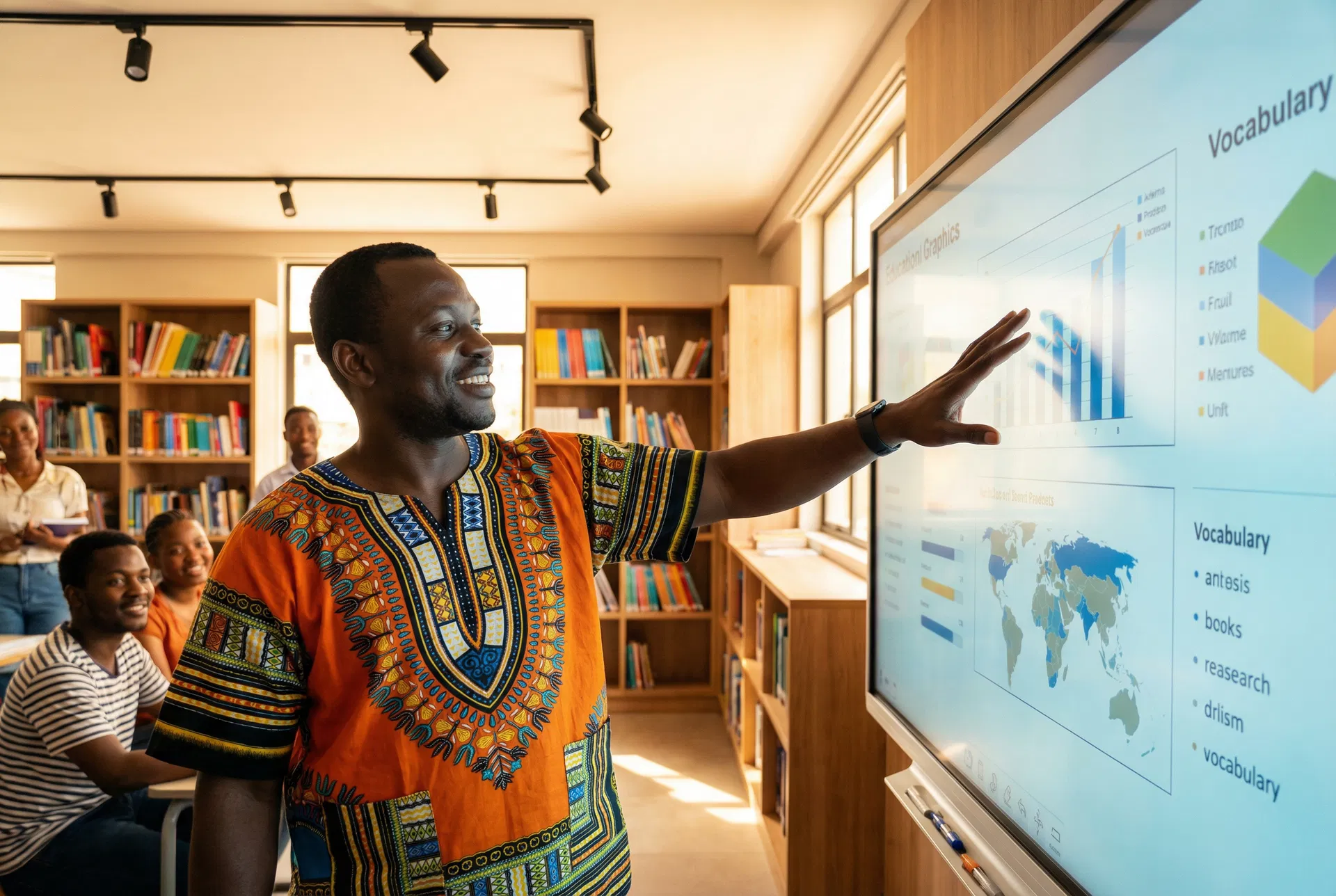 Expert African teacher at interactive whiteboard
