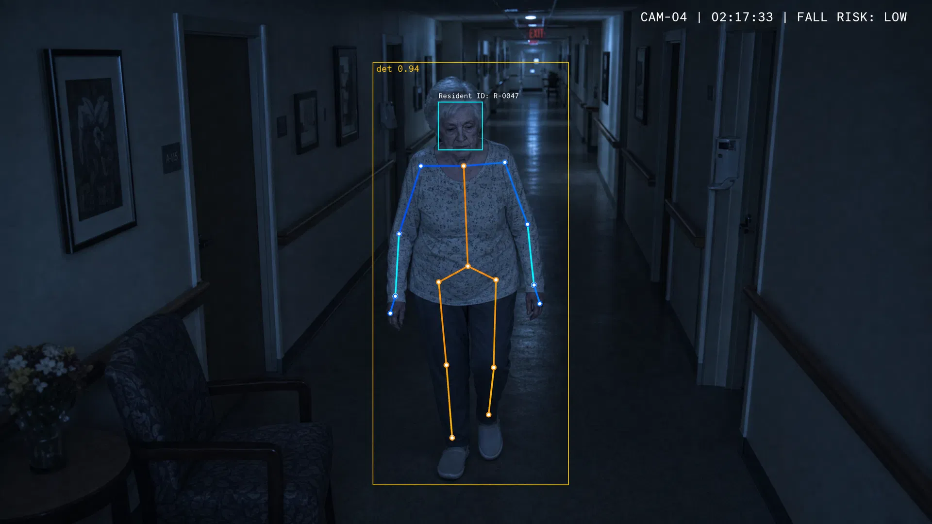 Computer vision inference overlay showing pose estimation skeleton, person detection bounding box, and facial recognition with Resident ID label on a care facility CCTV feed