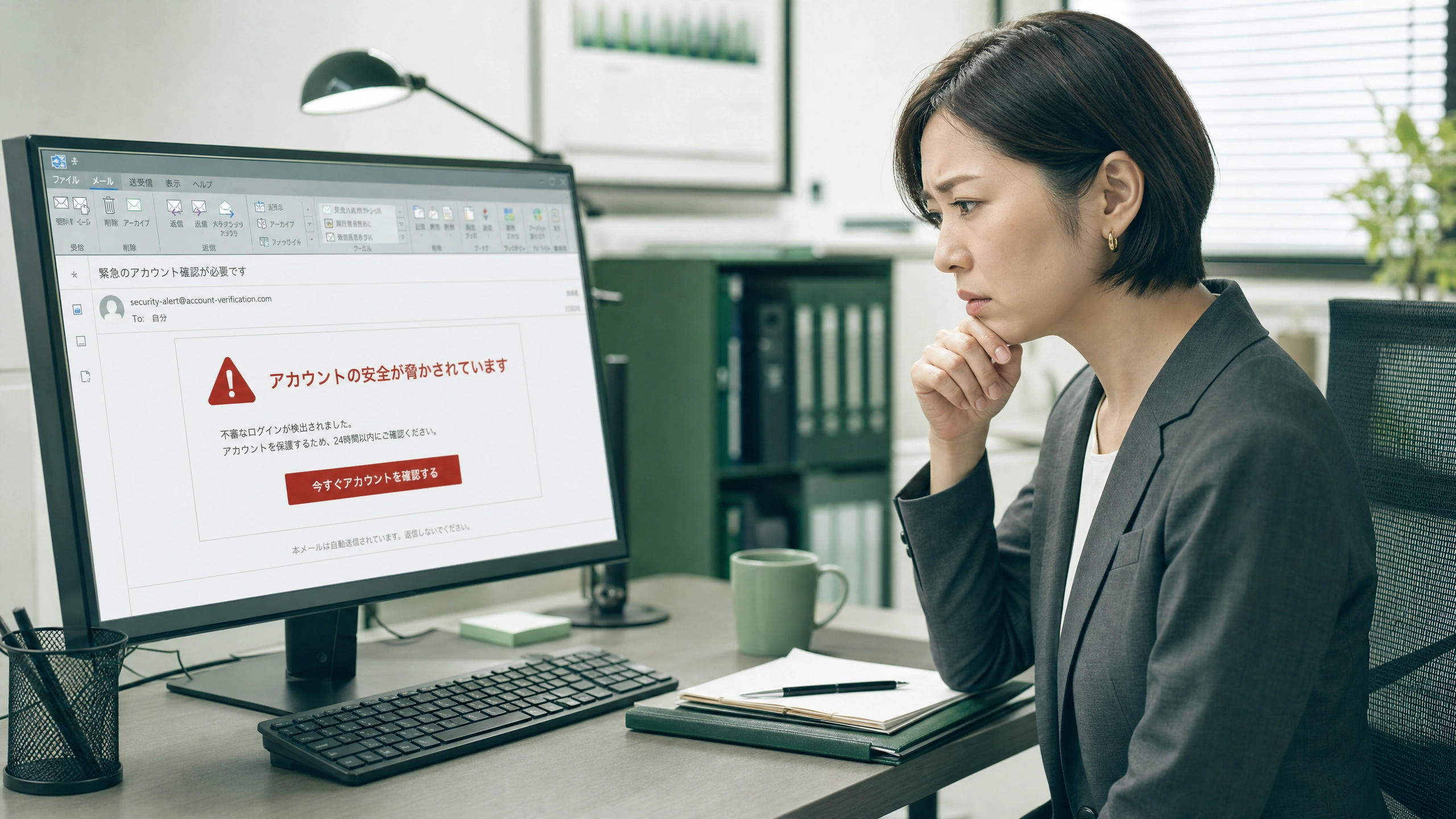 不審なメールを受け取って困惑するビジネスパーソン