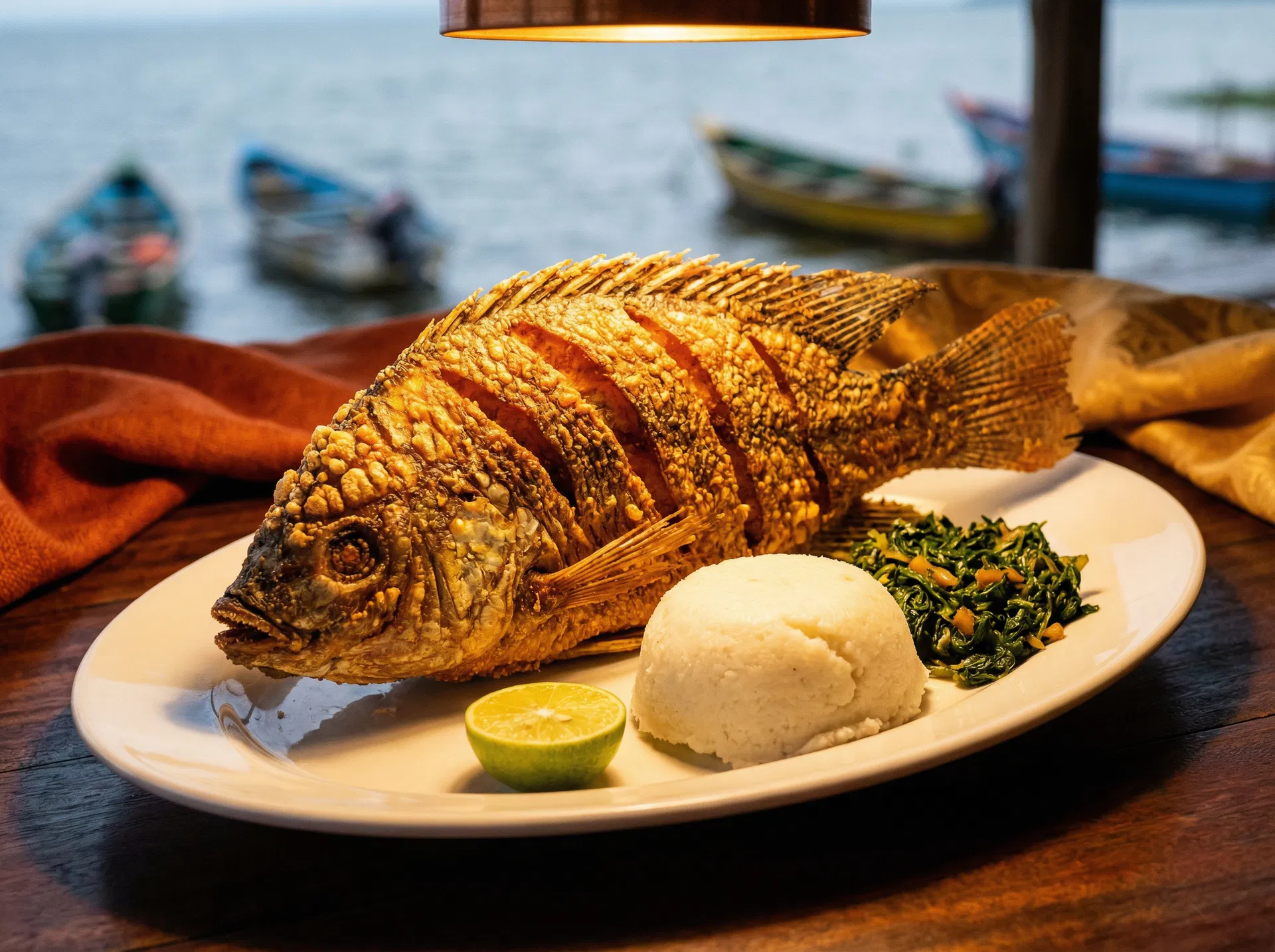 Fresh fried tilapia with ugali and greens
