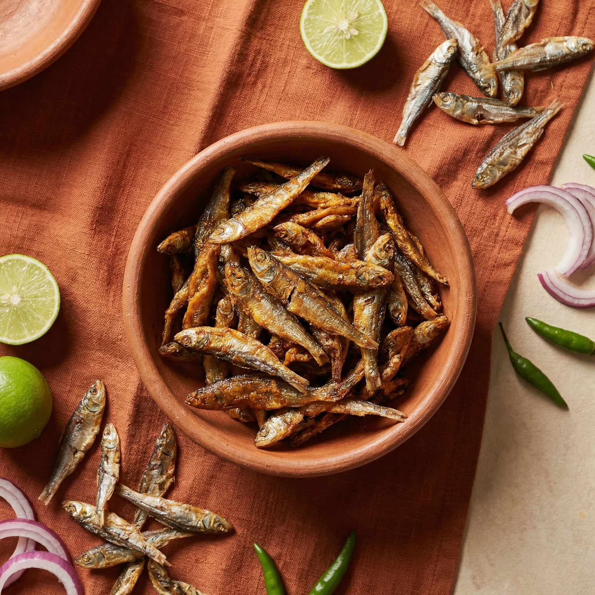 Crispy fried omena in a clay bowl — Kenya's staple lake snack