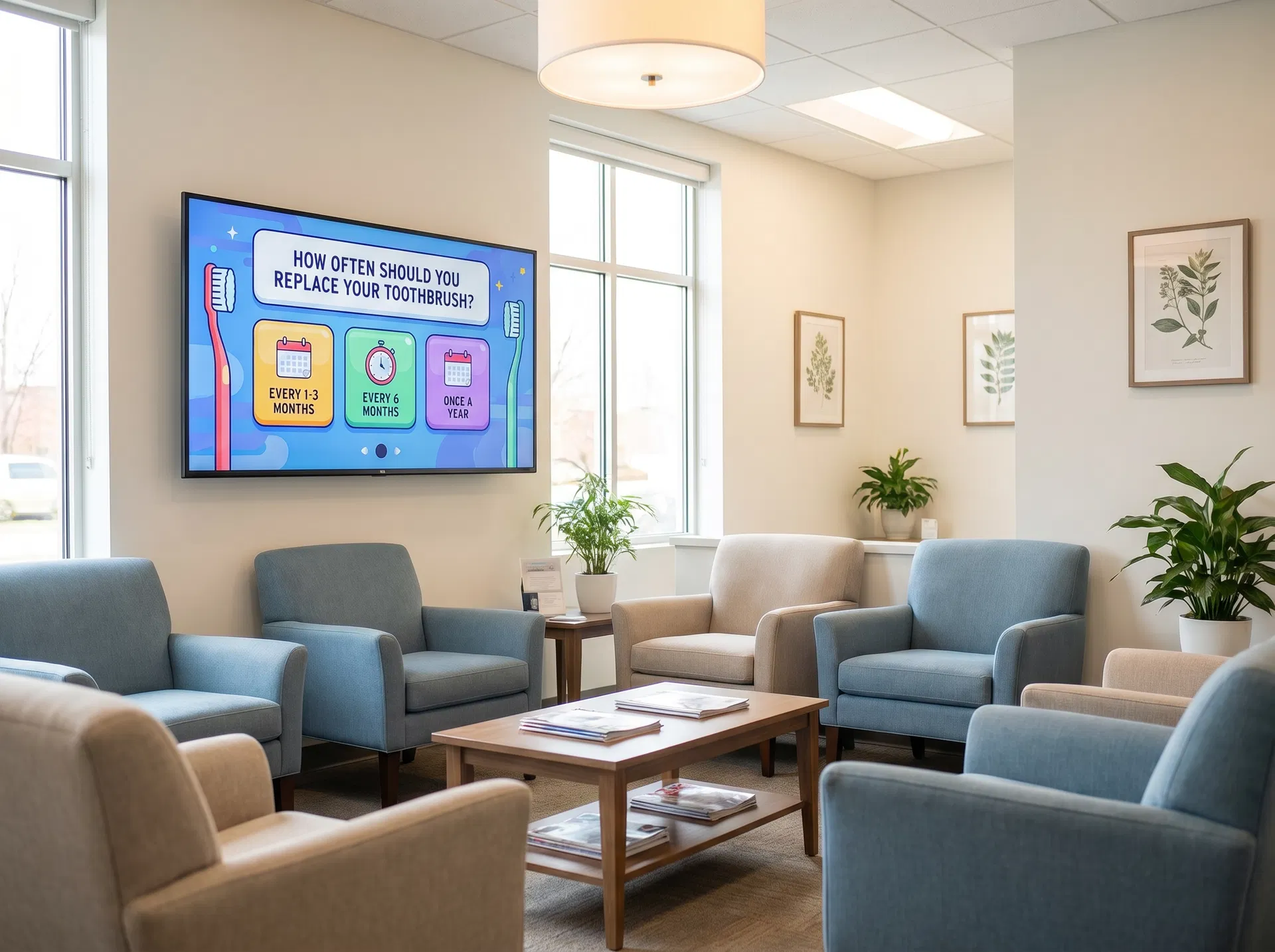 Dental office waiting room with trivia TV