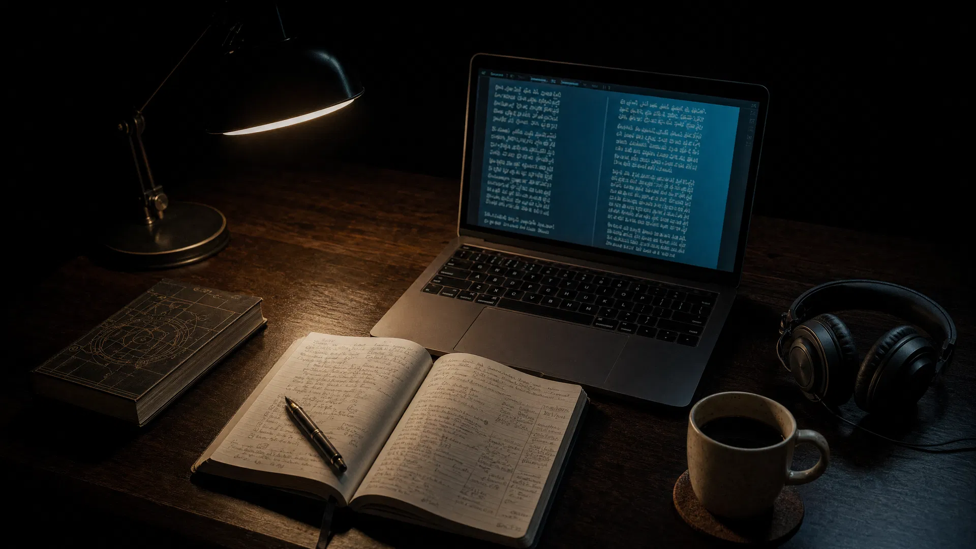 Linguist workspace — desk lamp, headphones, bilingual research notes