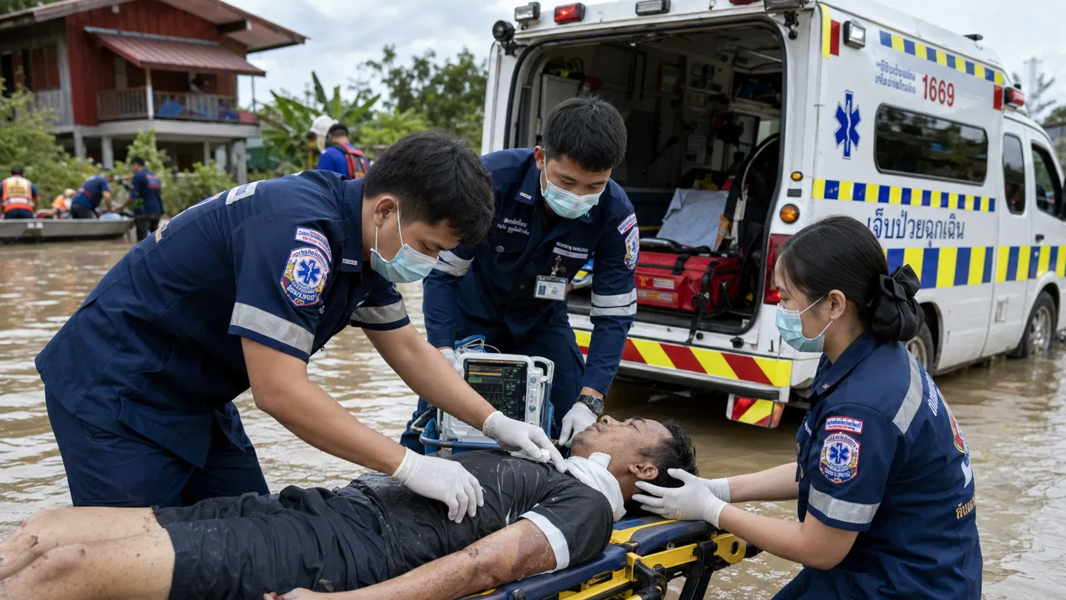 ทีมกู้ภัยให้การช่วยเหลือผู้ป่วยฟุกเฉิน