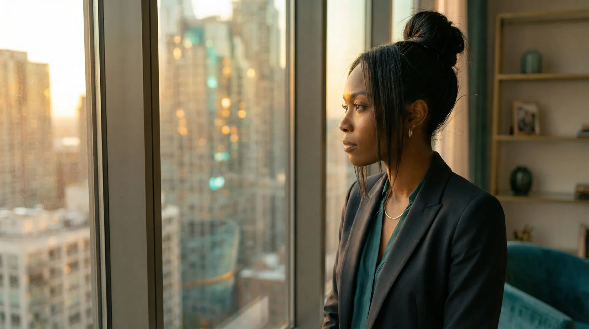 Professional woman looking out office window at city skyline during golden hour