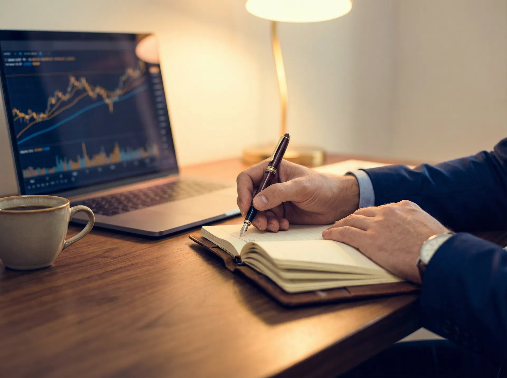 Professional writing in journal at desk with financial charts on laptop