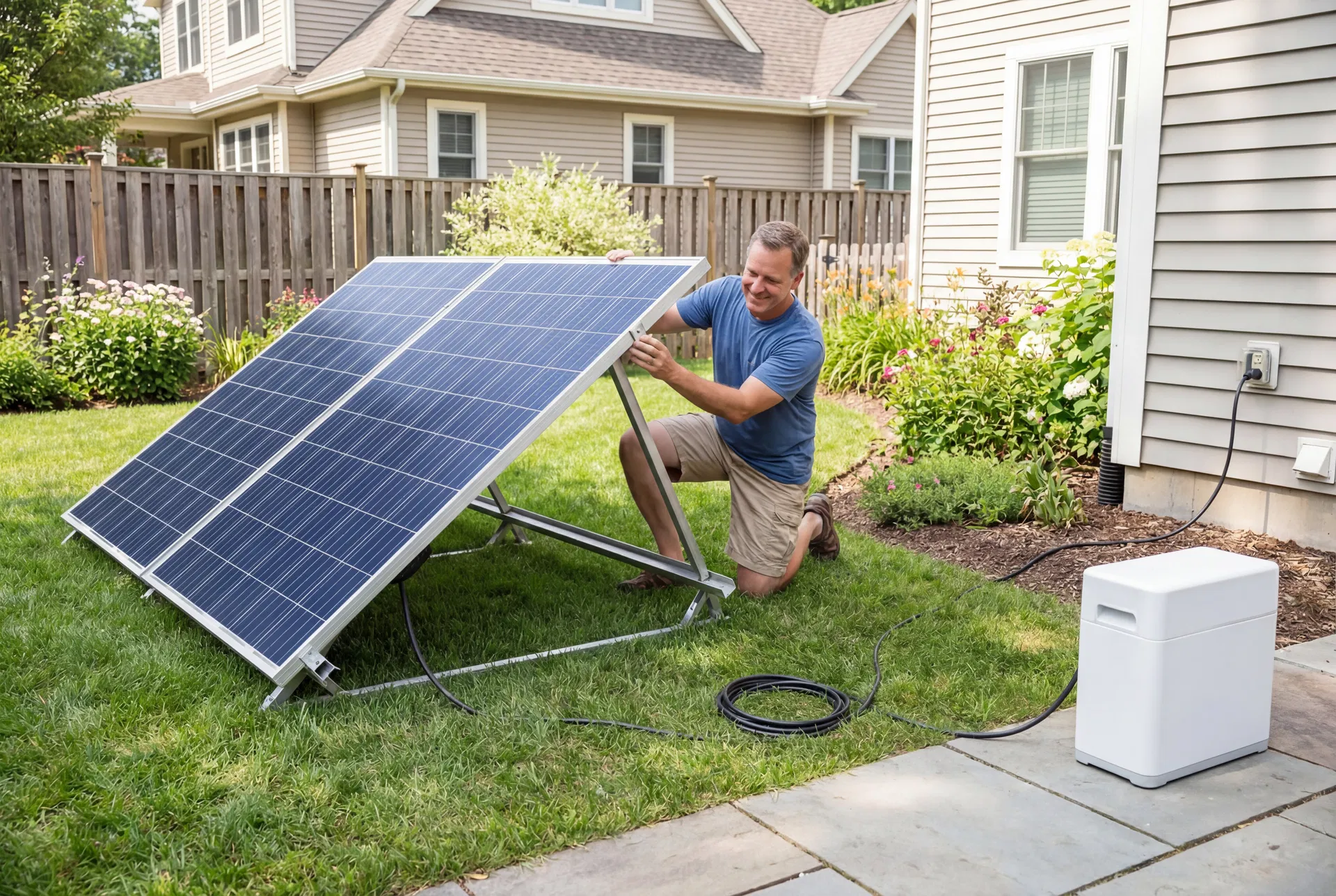Homeowner with backyard solar panels