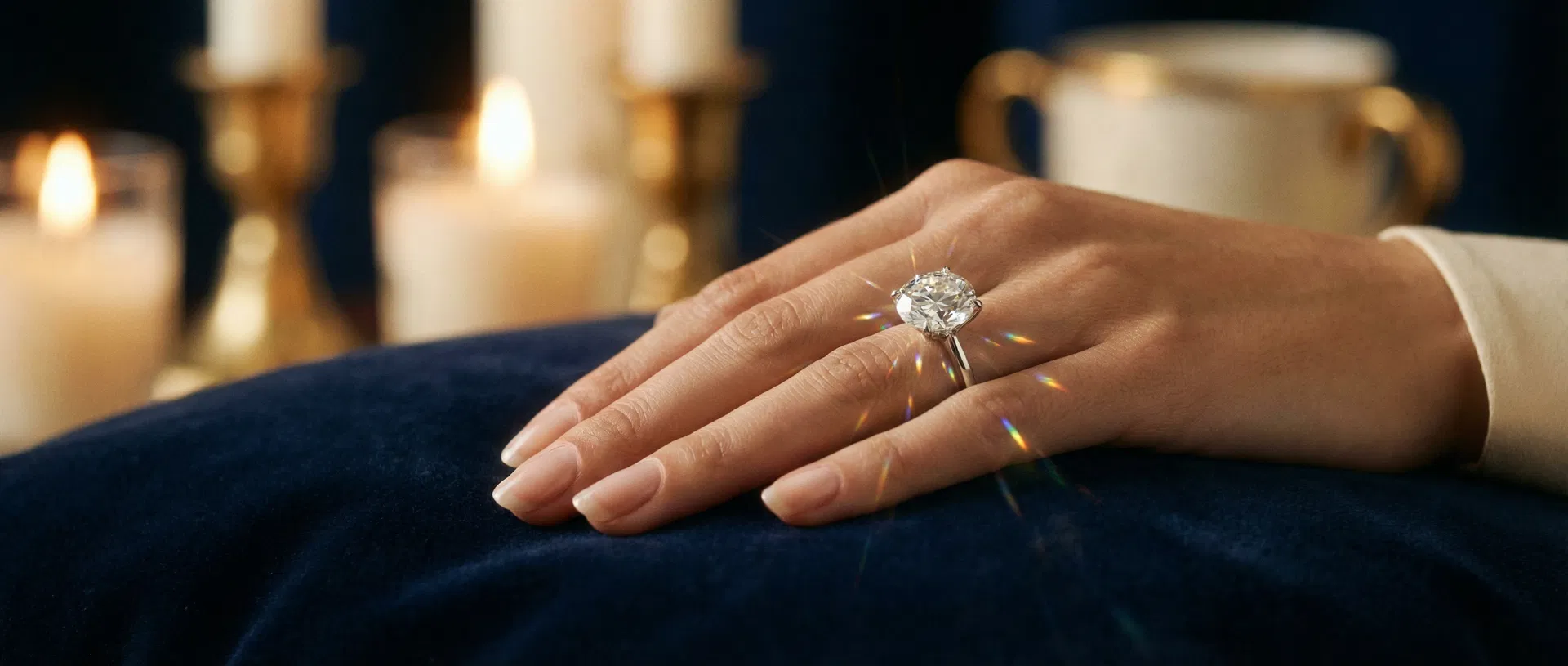 A diamond ring worn on an elegant hand