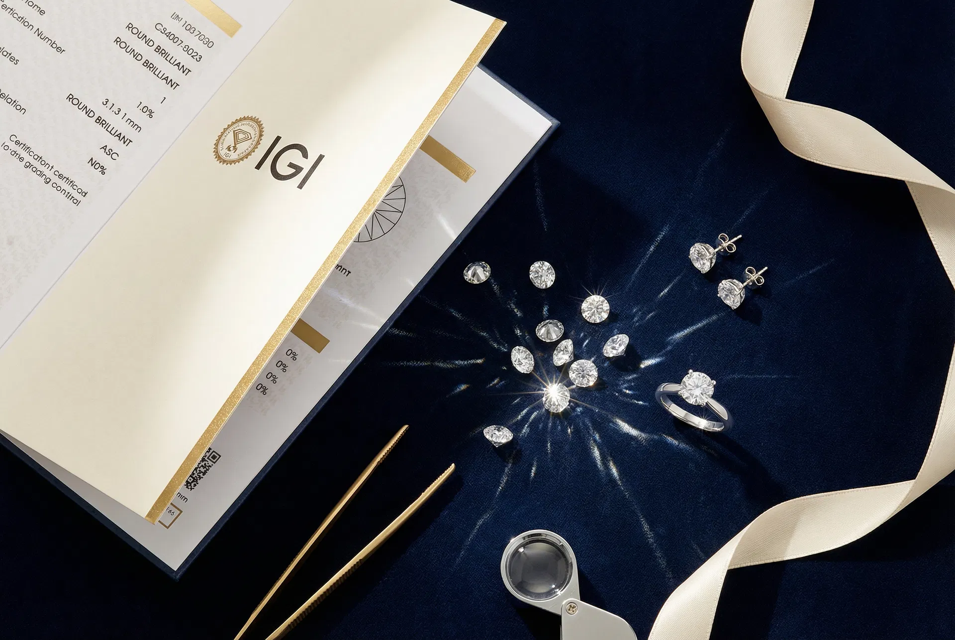 Loose diamonds, IGI certificate, and jewellery tools on navy velvet