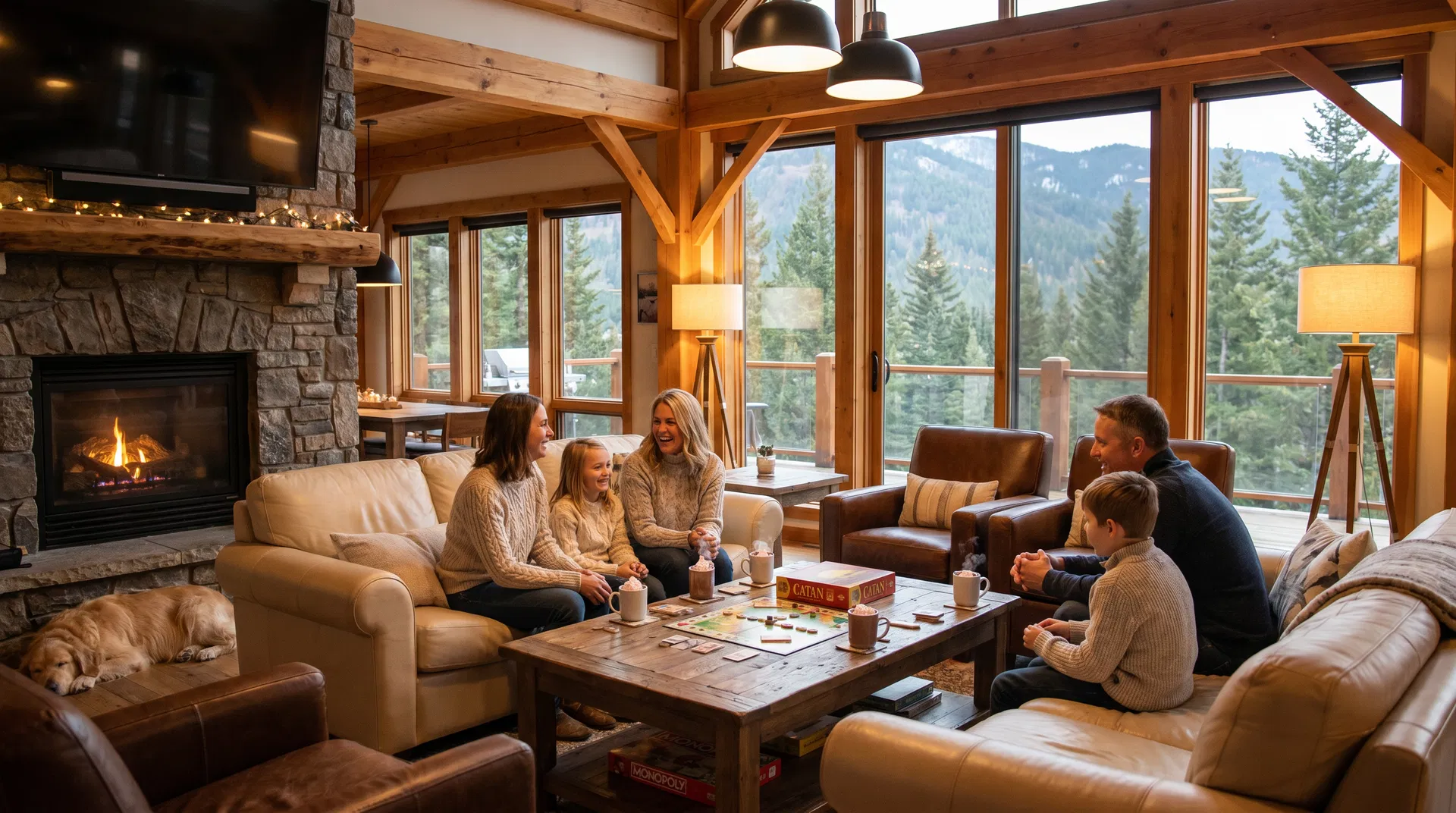 Family vacation at luxury mountain cabin with fireplace and mountain views