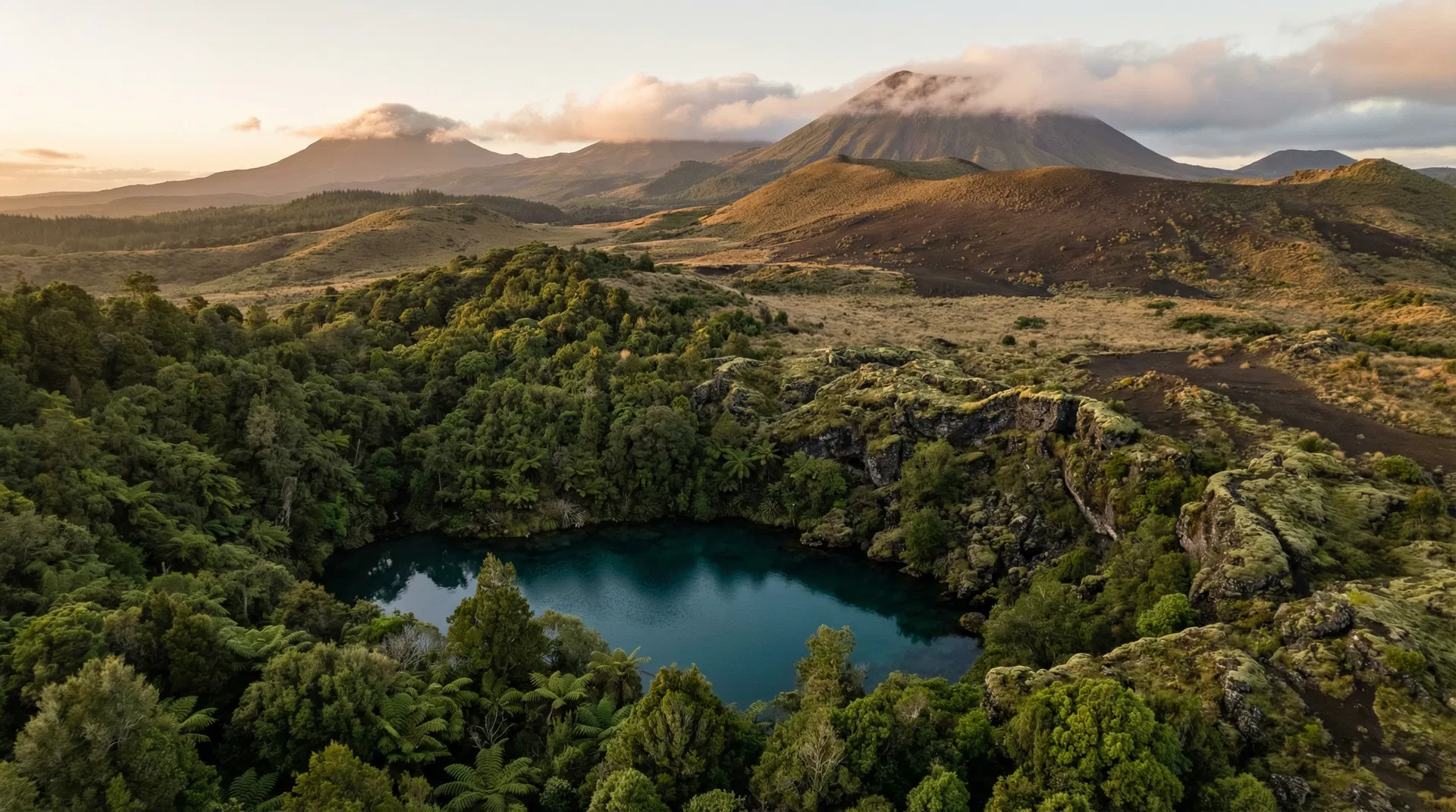 Pristine volcanic landscape in New Zealand's Central North Island with deep aquifer spring