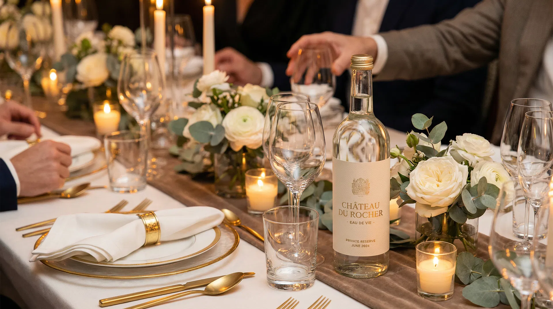 Elegant private dinner with custom-labeled water bottles