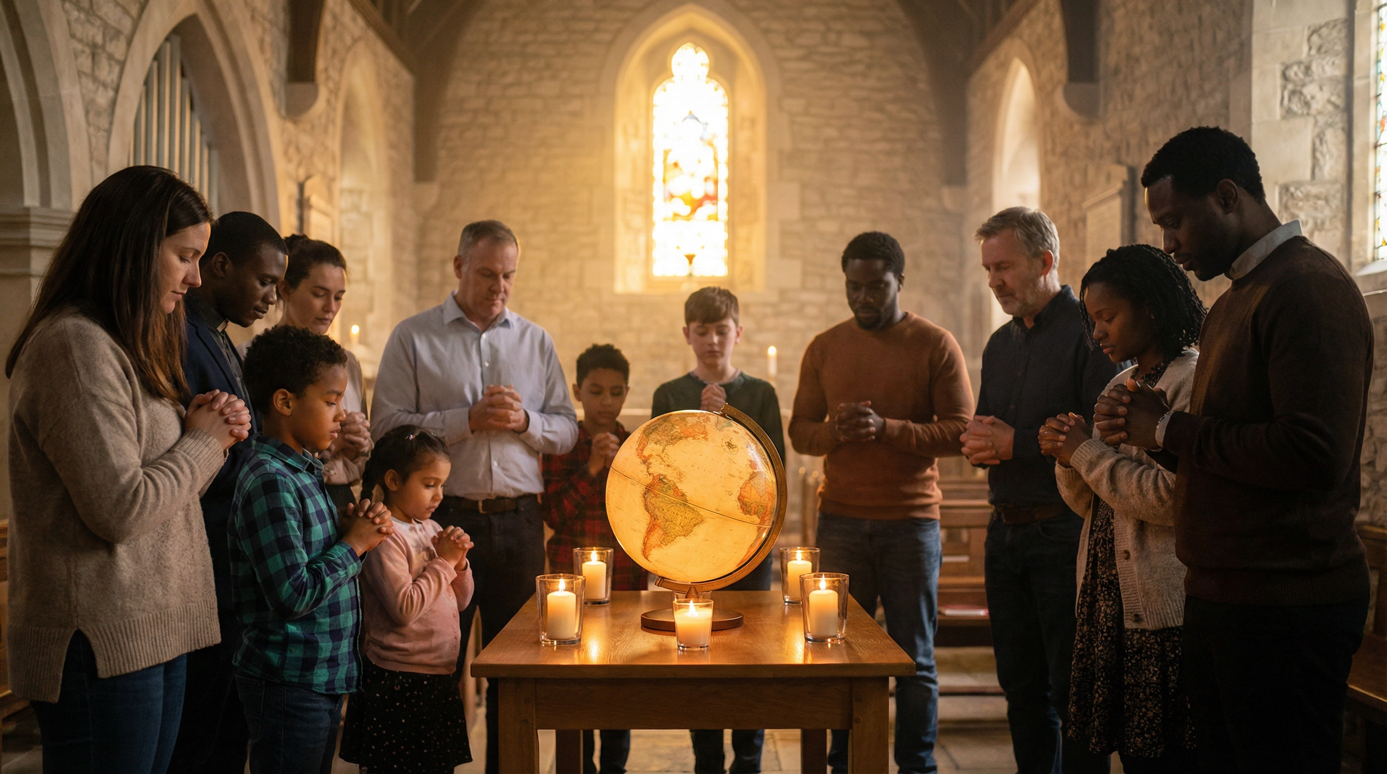 Hands clasped in prayer over a globe, soft candlelight, diverse community gathered in prayer, sense of intercession and hope