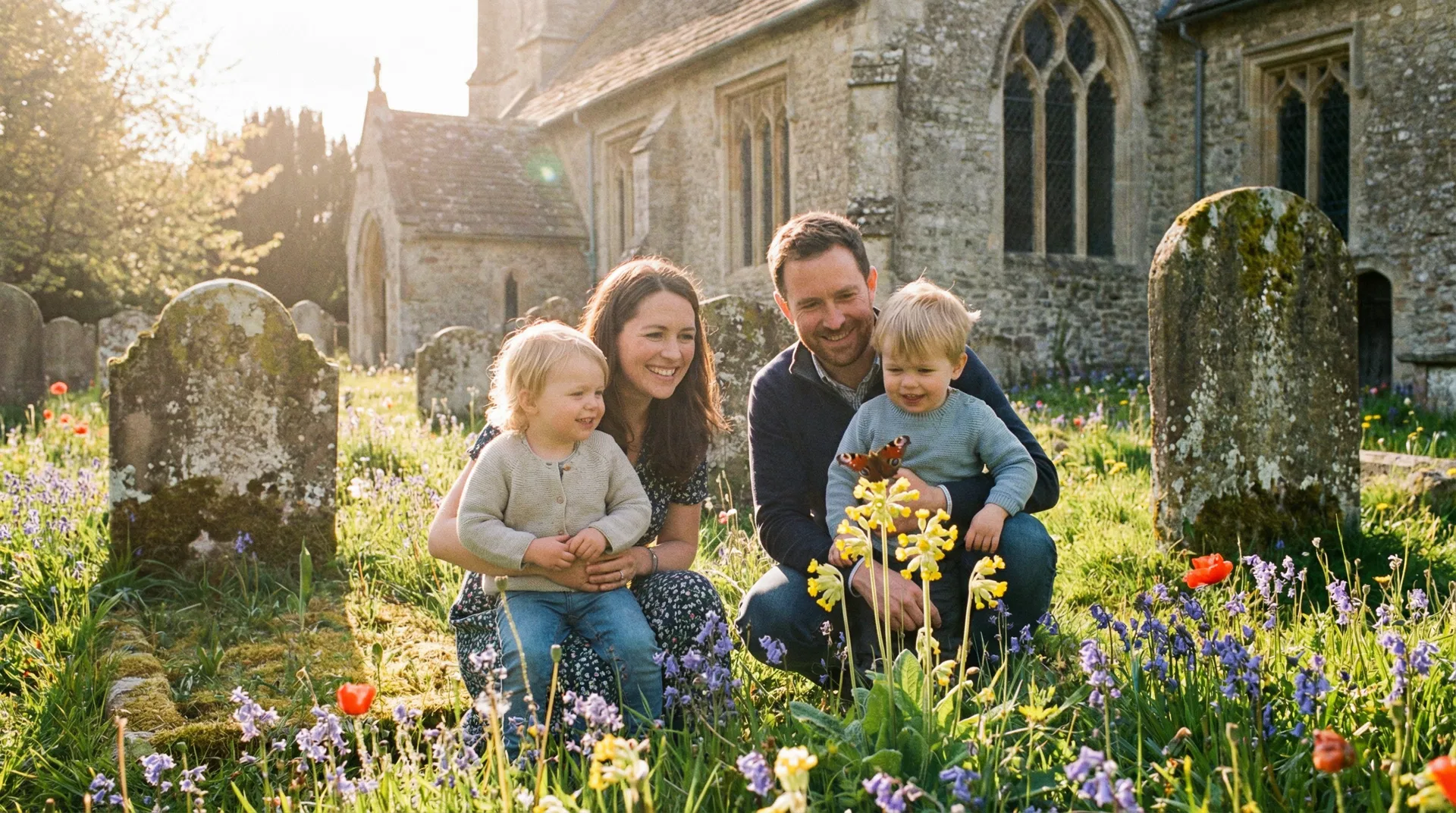 A family discovering wildlife in a sunlit English churchyard