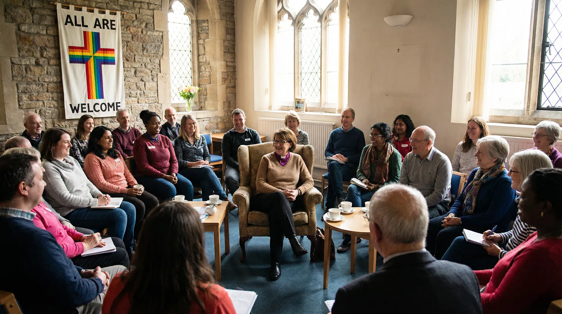 Archbishop Sarah Mullally in a diverse church community setting with people listening and sharing