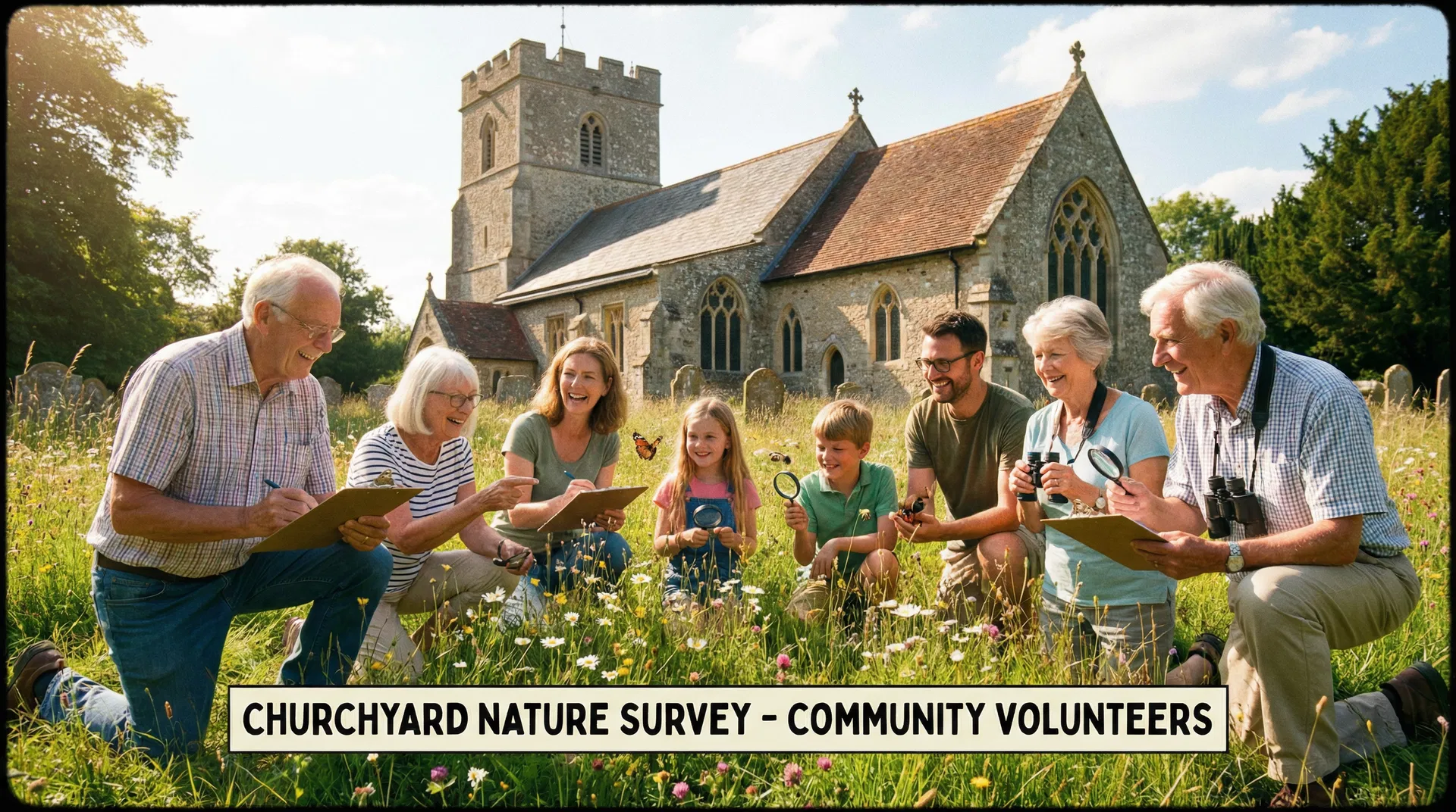 Volunteers of all ages doing a nature survey in a wildflower-filled English churchyard with a stone church behind them