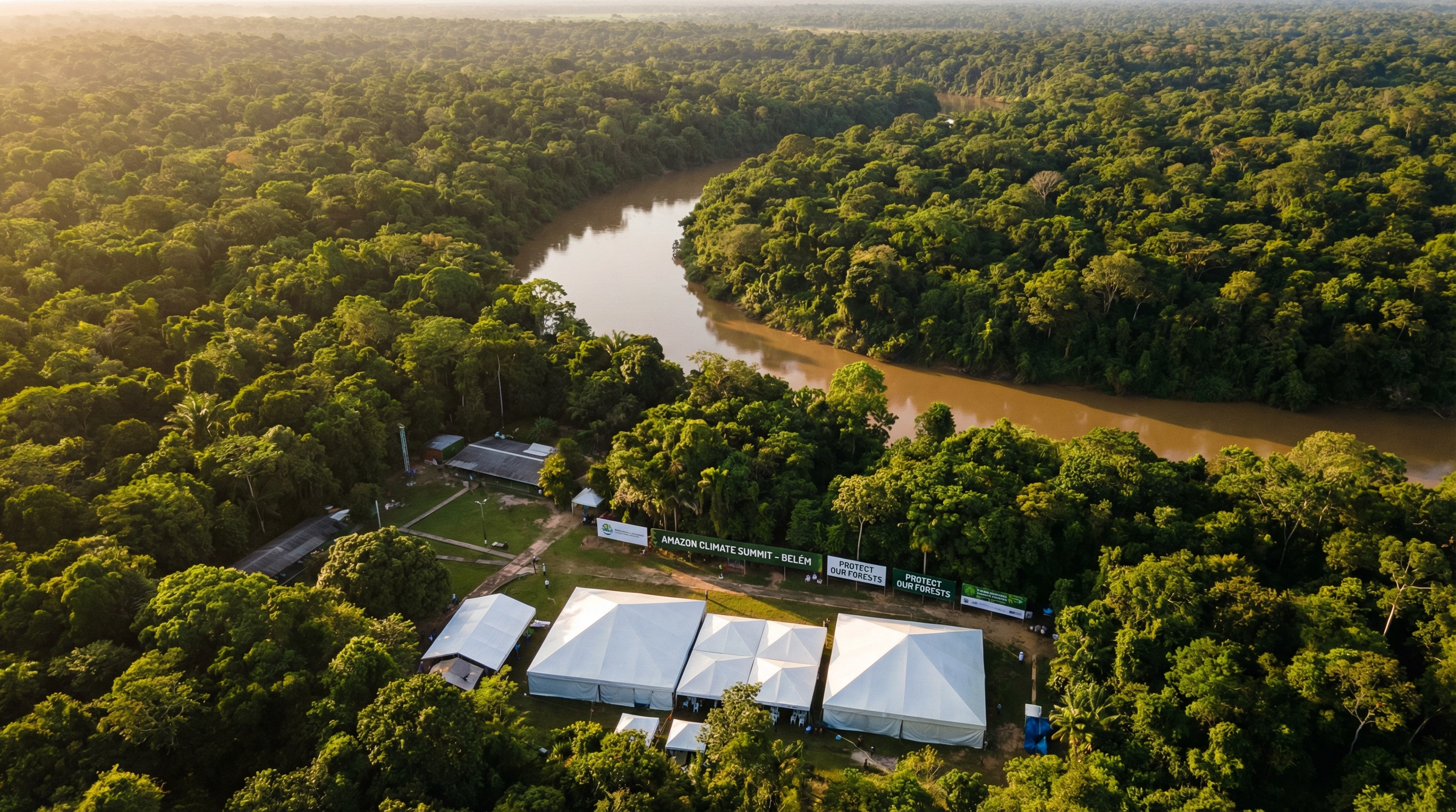 Amazon rainforest with climate conference banners