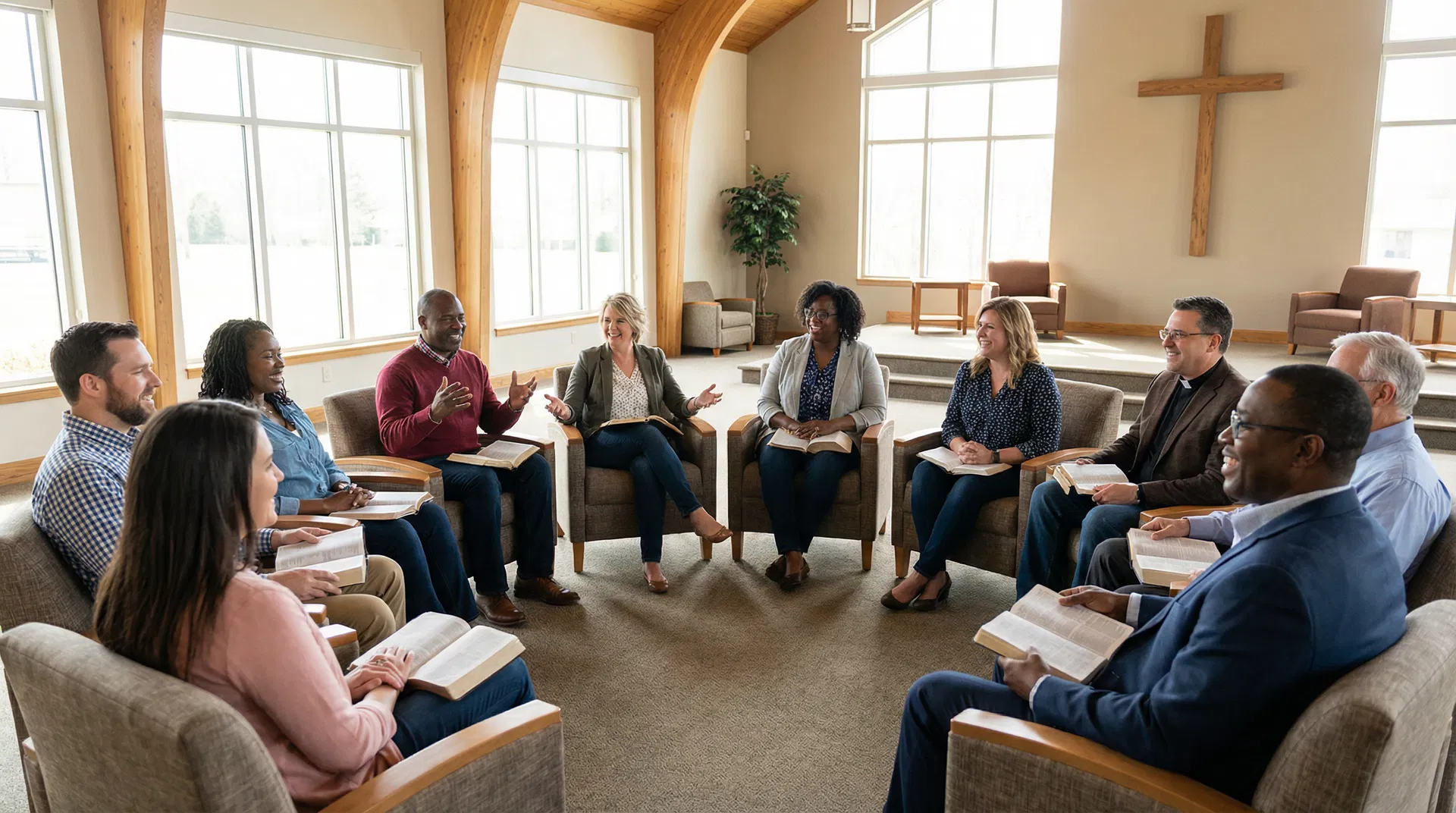 Church leaders in discussion in a circle in a modern church hall