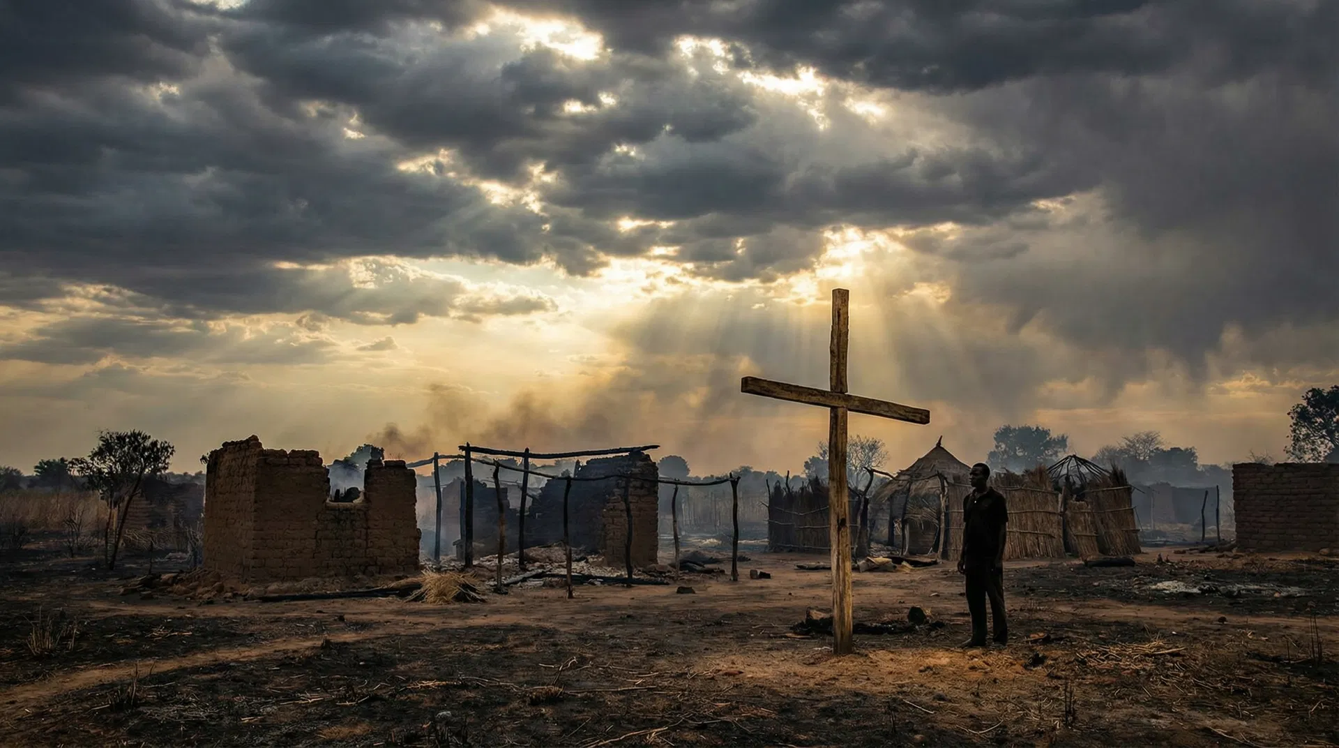 A cross standing in a devastated African village landscape, dramatic sky