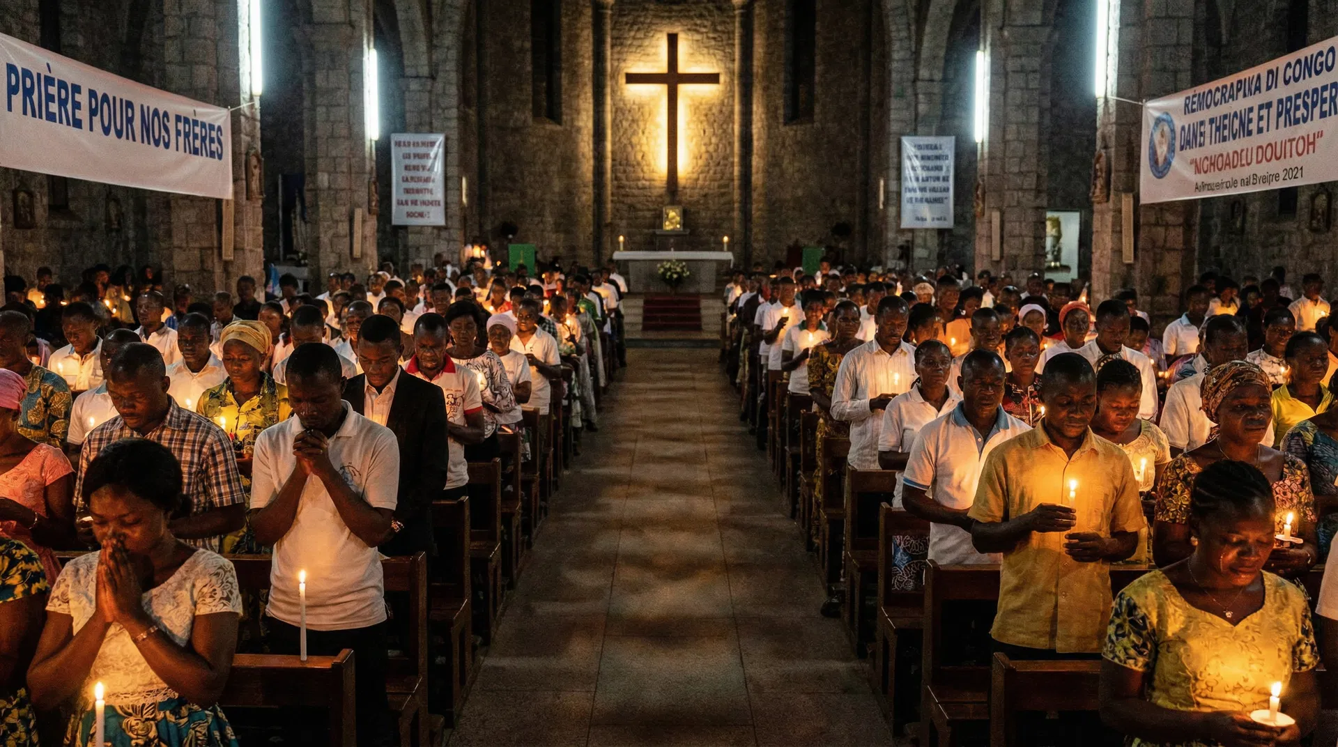 Candlelit prayer vigil for persecuted Christians in DR Congo, congregation holding candles in a church