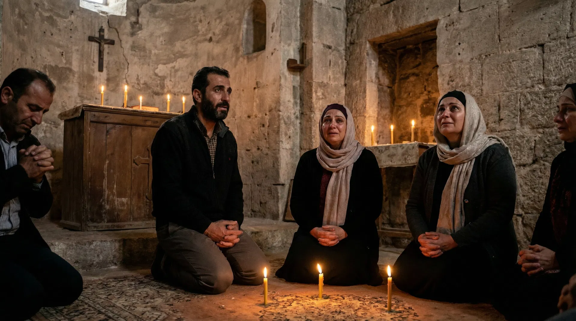 Middle Eastern Christians praying together by candlelight in a stone church