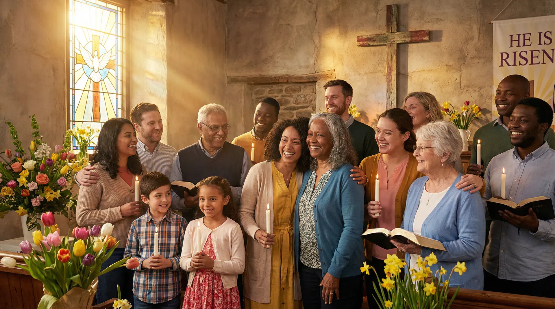 A diverse group of Christians celebrating Easter together in a church setting with spring flowers and candlelight