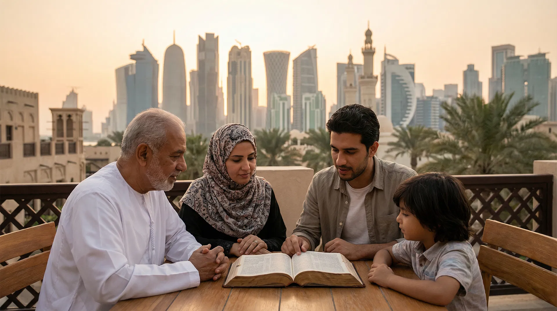 Bible being read by a family in the Gulf with a city skyline in the background