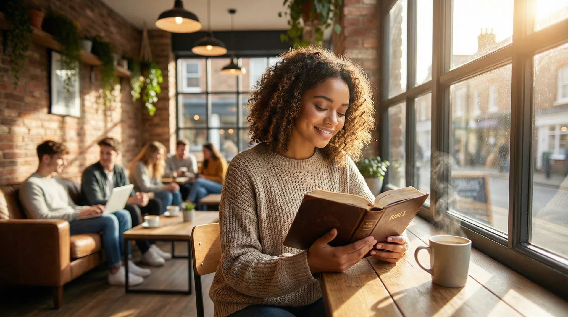 A young woman reading a Bible in a modern coffee shop
