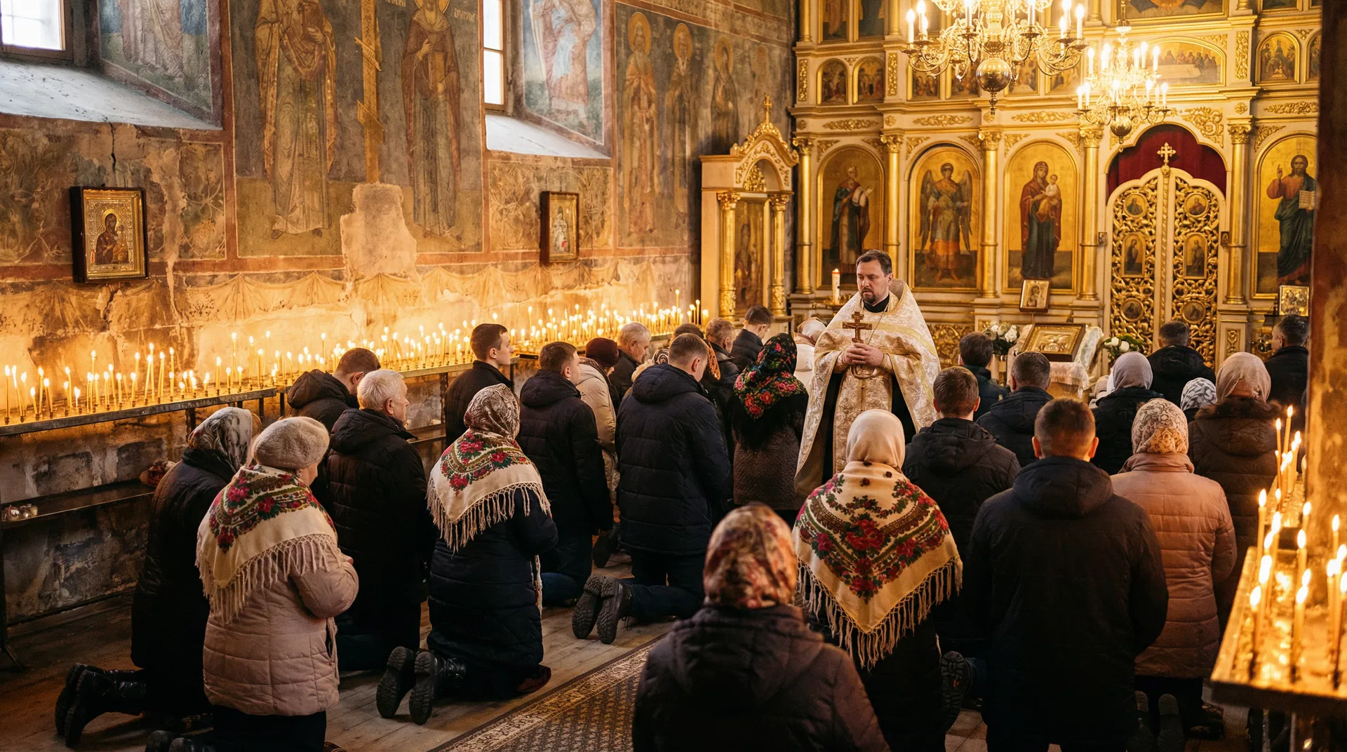 Ukrainian church congregation gathered in prayer, candles lit, editorial photography