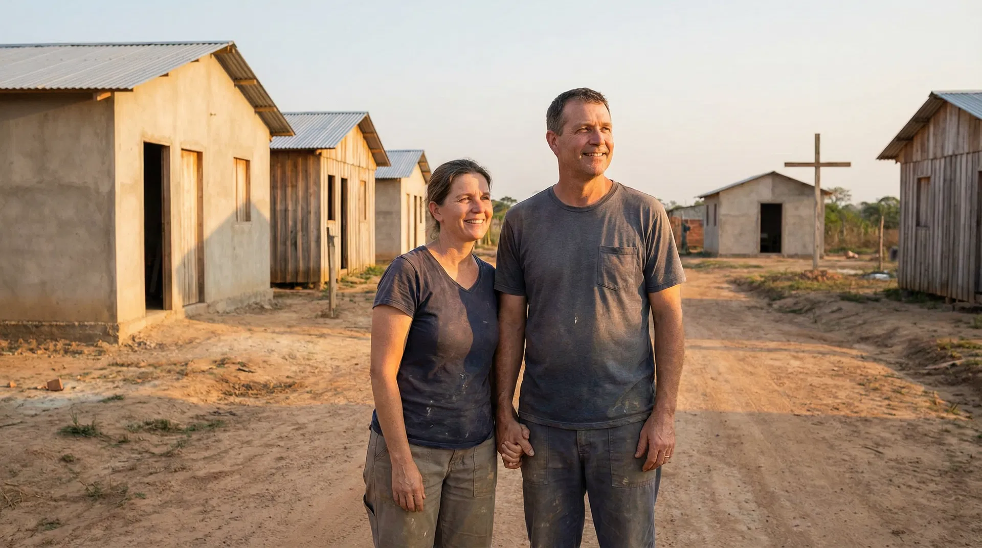 Missionary couple standing in a newly built South American town
