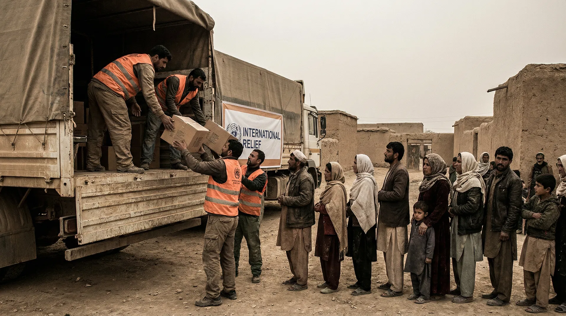 Aid workers distributing food in a Middle Eastern setting
